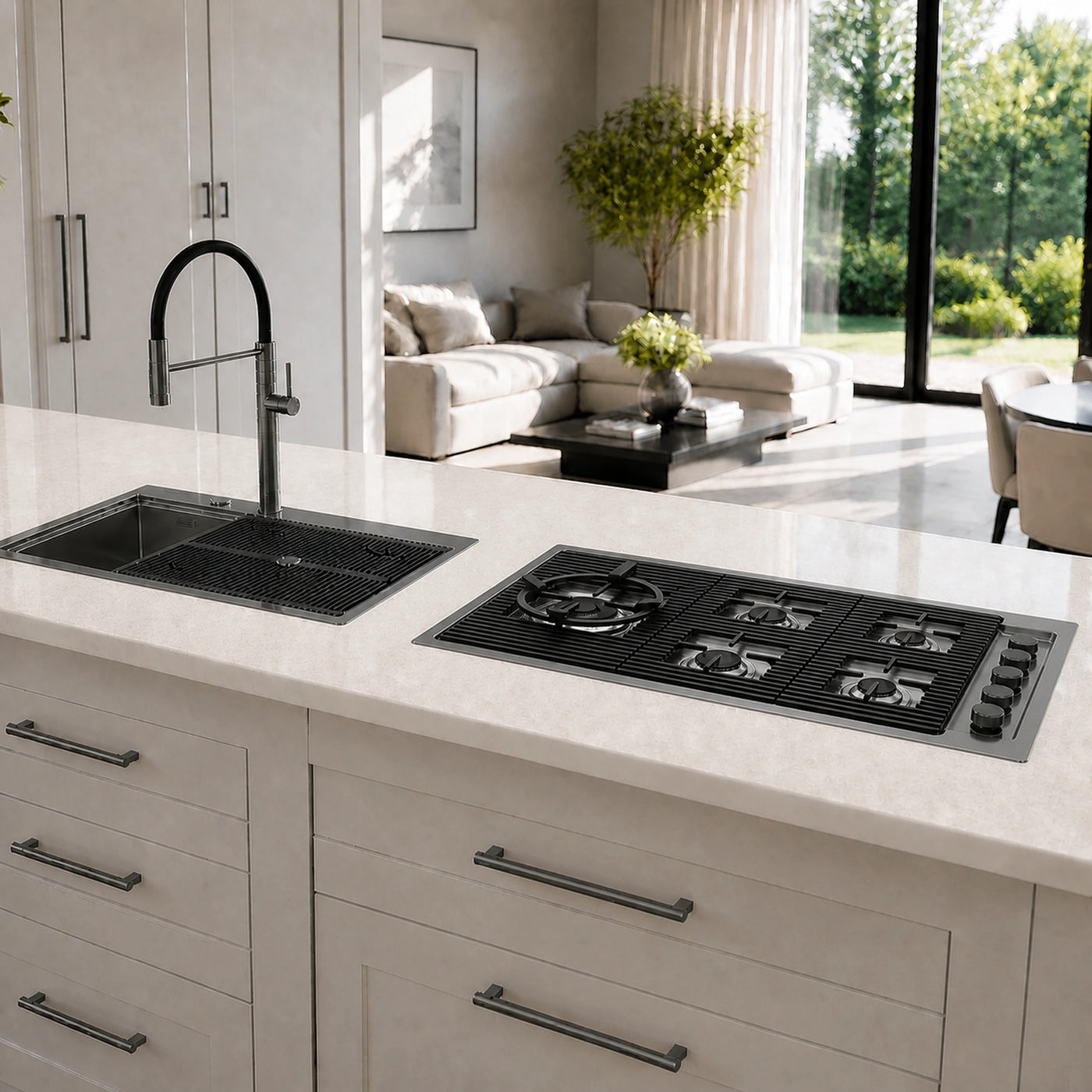 87cm Milano Lusso Gun Metal PVD Steel, gas hob gold with black pan supports and recessed knobs