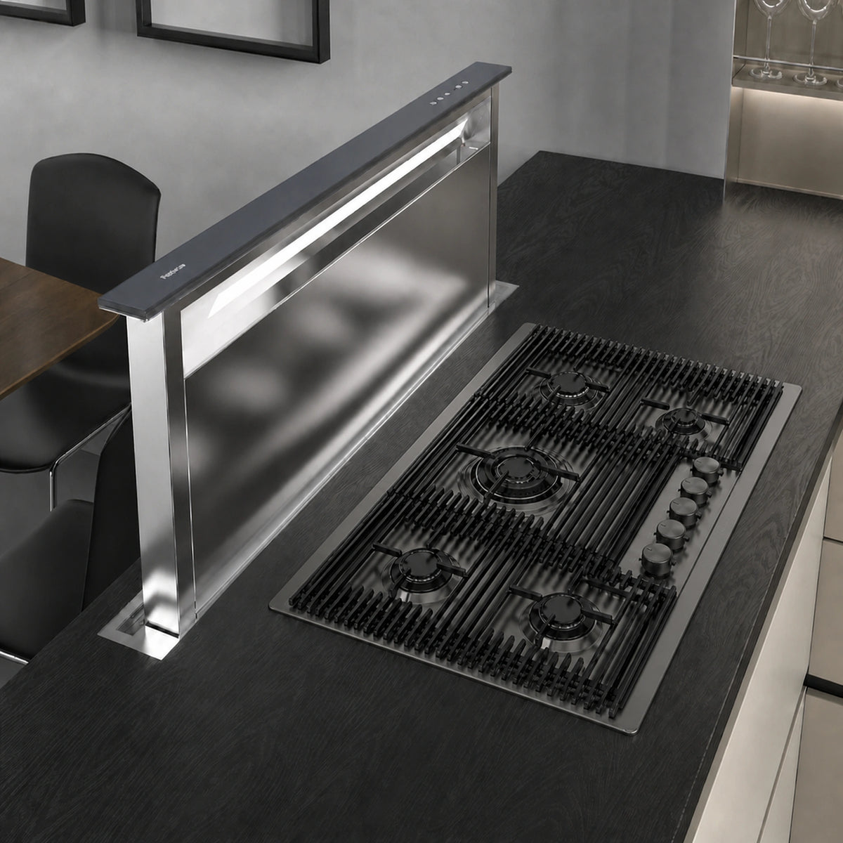 80cm gas hob with 90cm downdraft cooker hood gun metal  