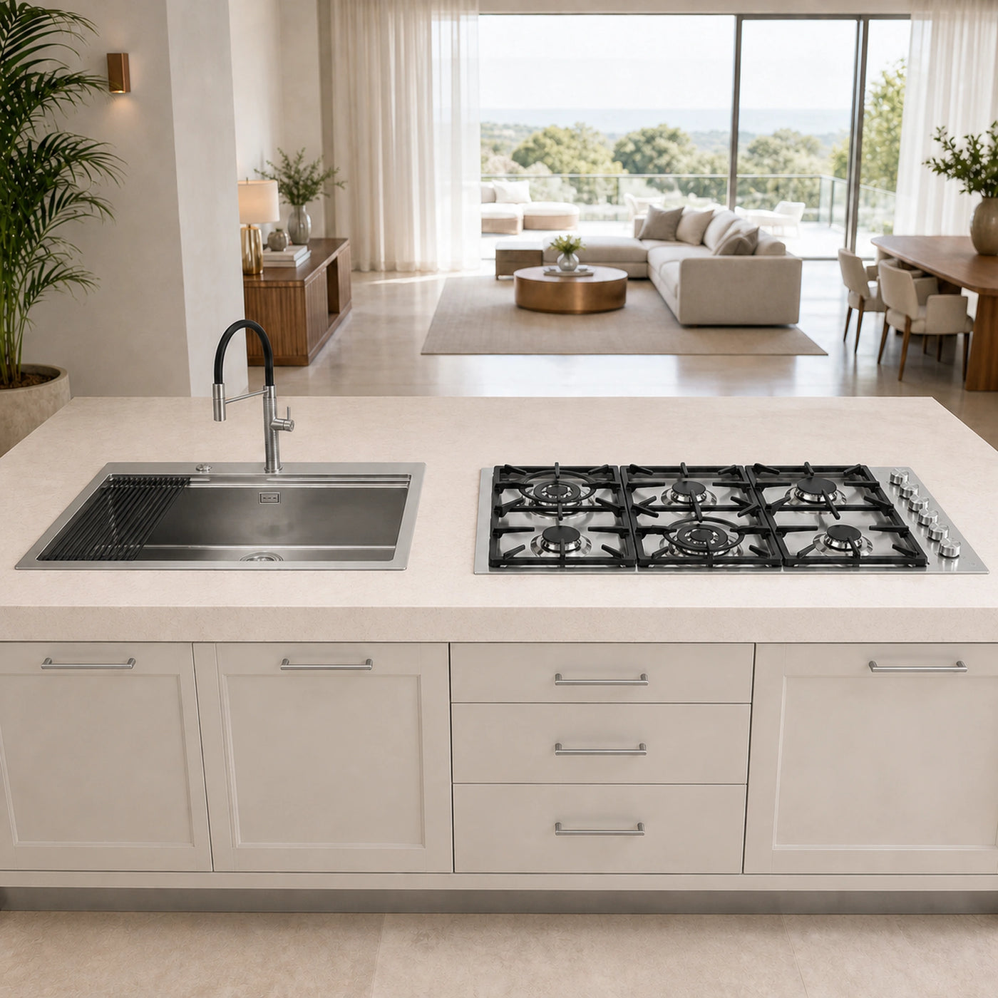 Milano 115cm 2 wok burner stainless steel gas hob with matching Milano sink and tap option