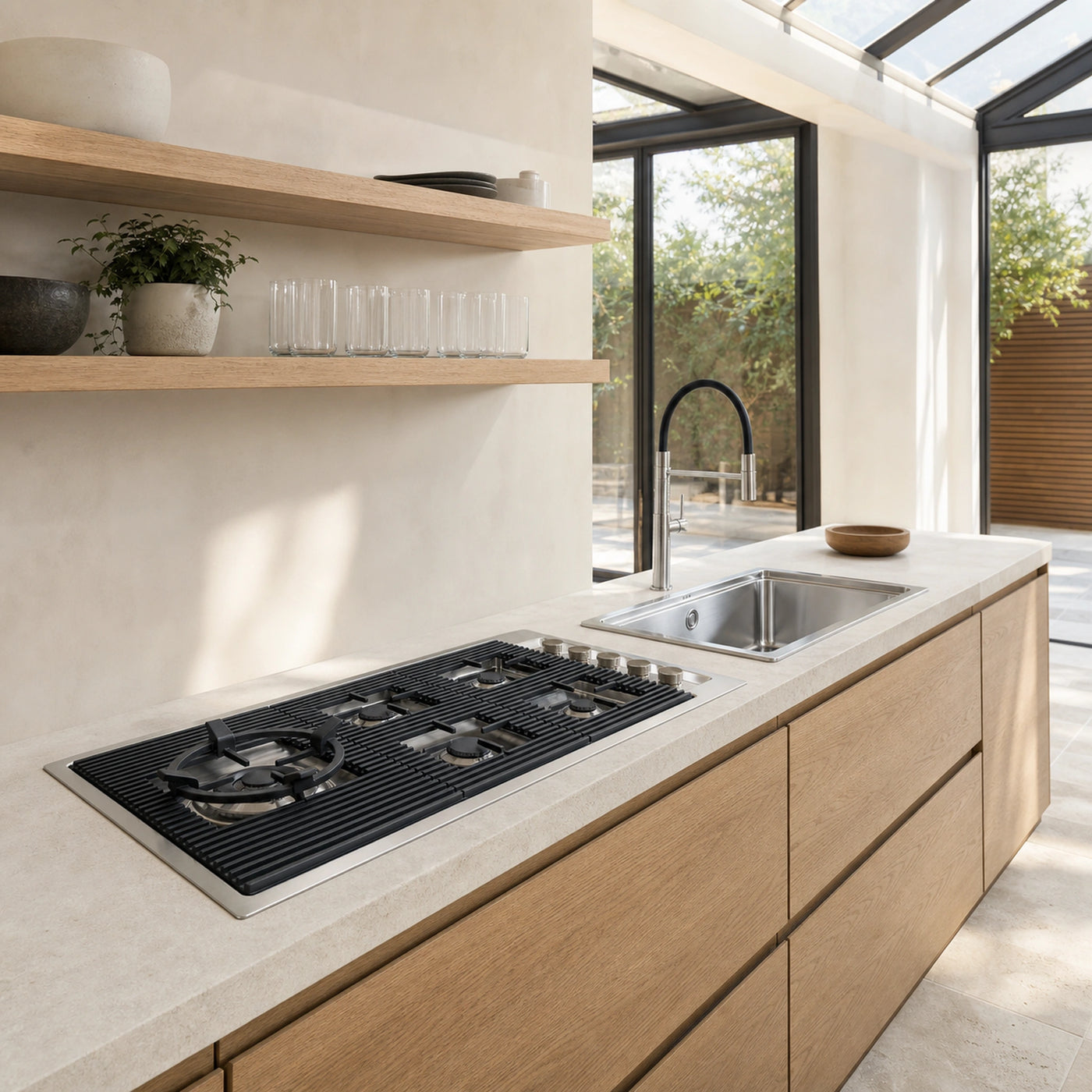 87cm Milano Lusso Stainless Steel, gas hob gold with black pan supports Top mounted and recessed knobs