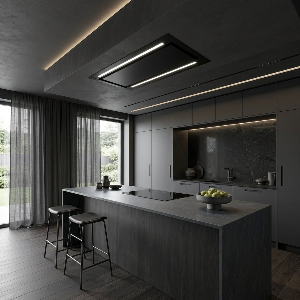 Mira 90cm x 40cm Slimline Ceiling Hood Black - Installed Within A Dark Modern Kitchen