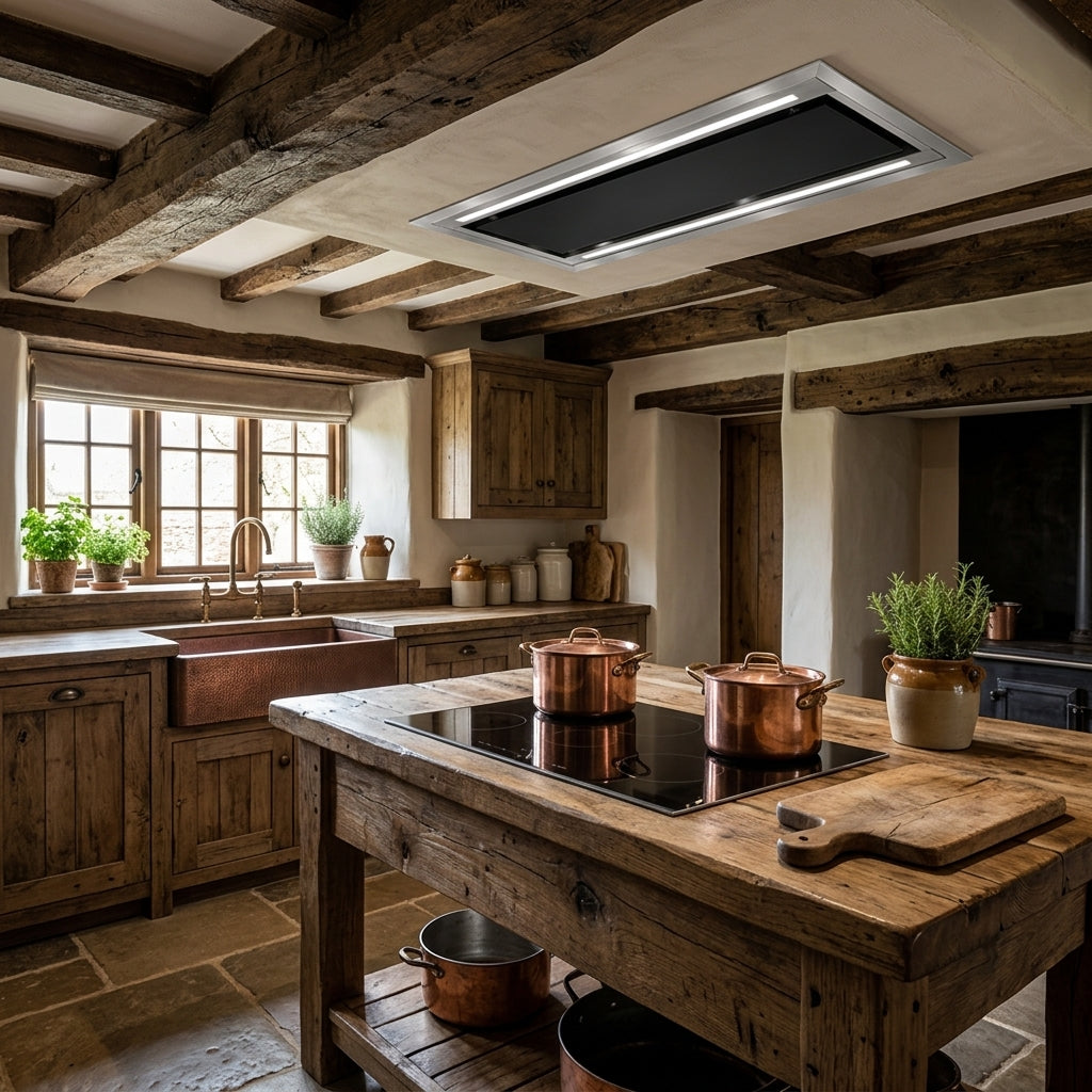 A rustic kitchen featuring exposed wood ceiling beams, and a built-in Black/Stainless Steel Mira.