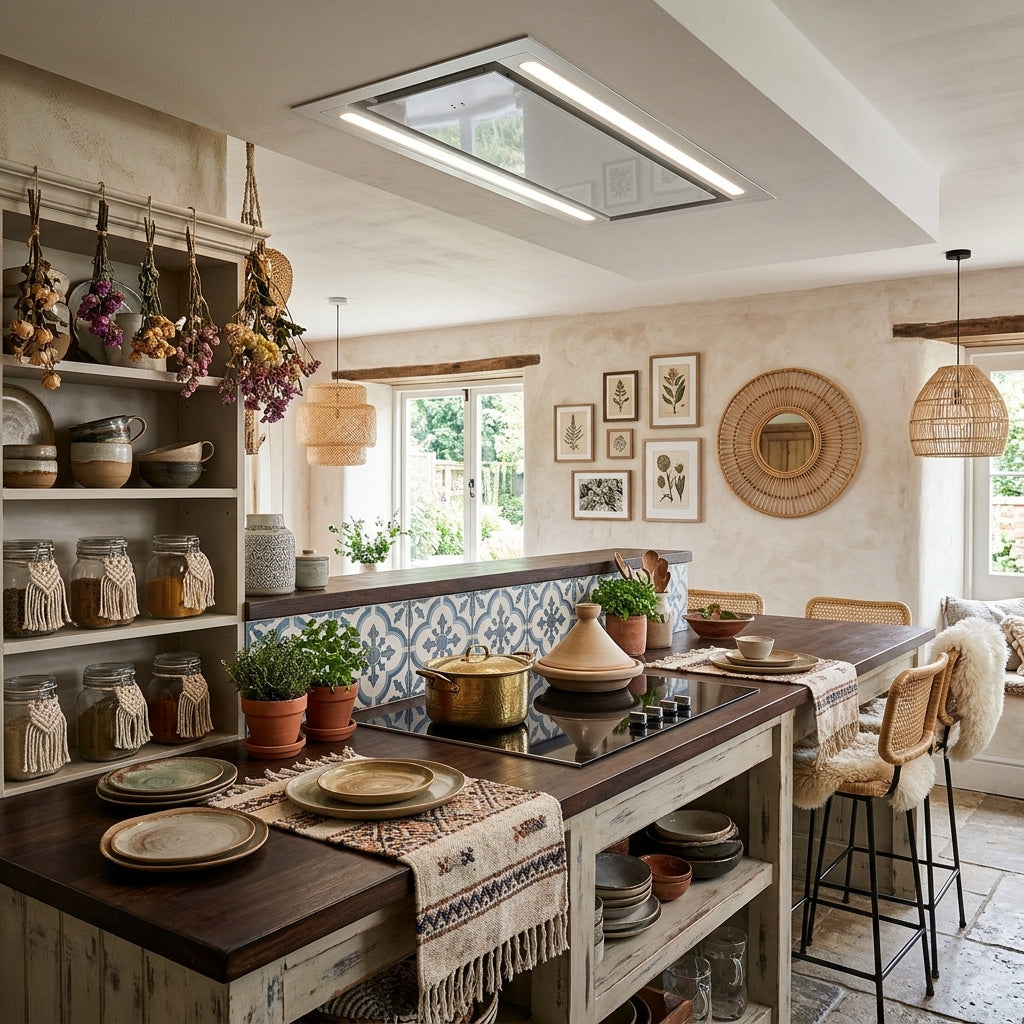 A rustic bohemian-style kitchen interior featuring a central wooden island featuring Luxair's Mira Slimline Ceiling Hood in White