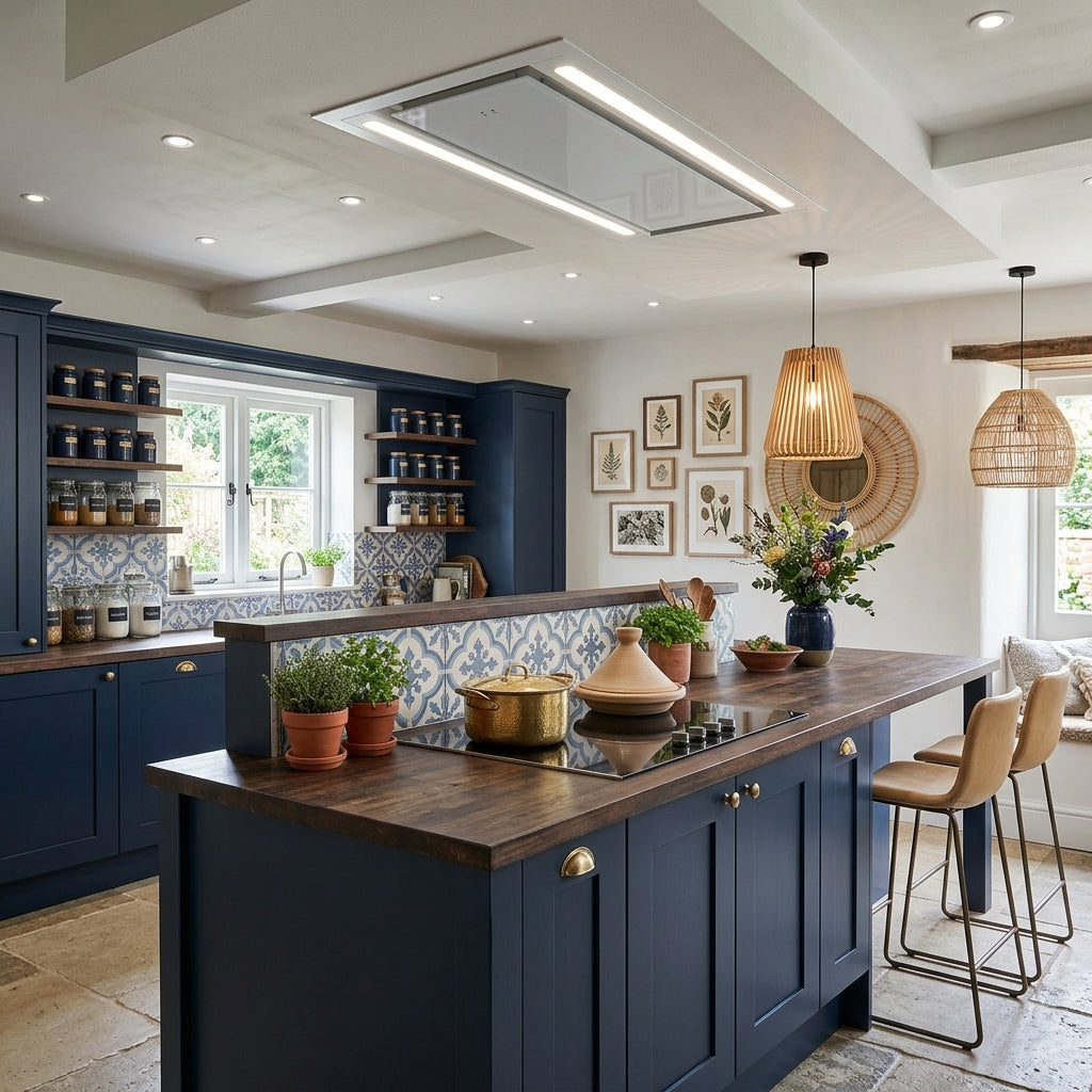 A modern kitchen interior with dark navy blue cabinetry, a central island with a dark wood countertop featuring Mira White Slimline Ceiling Hood.