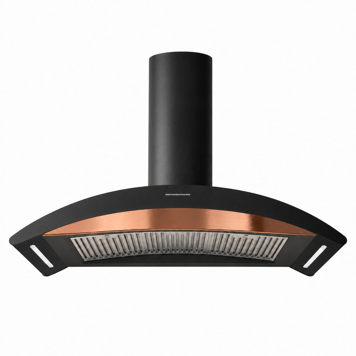 Wall mounted cooker hoods in gold, copper, gun metal and stainless steel tones