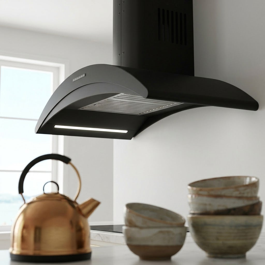 A matte black modern range hood with Gun metal facia
