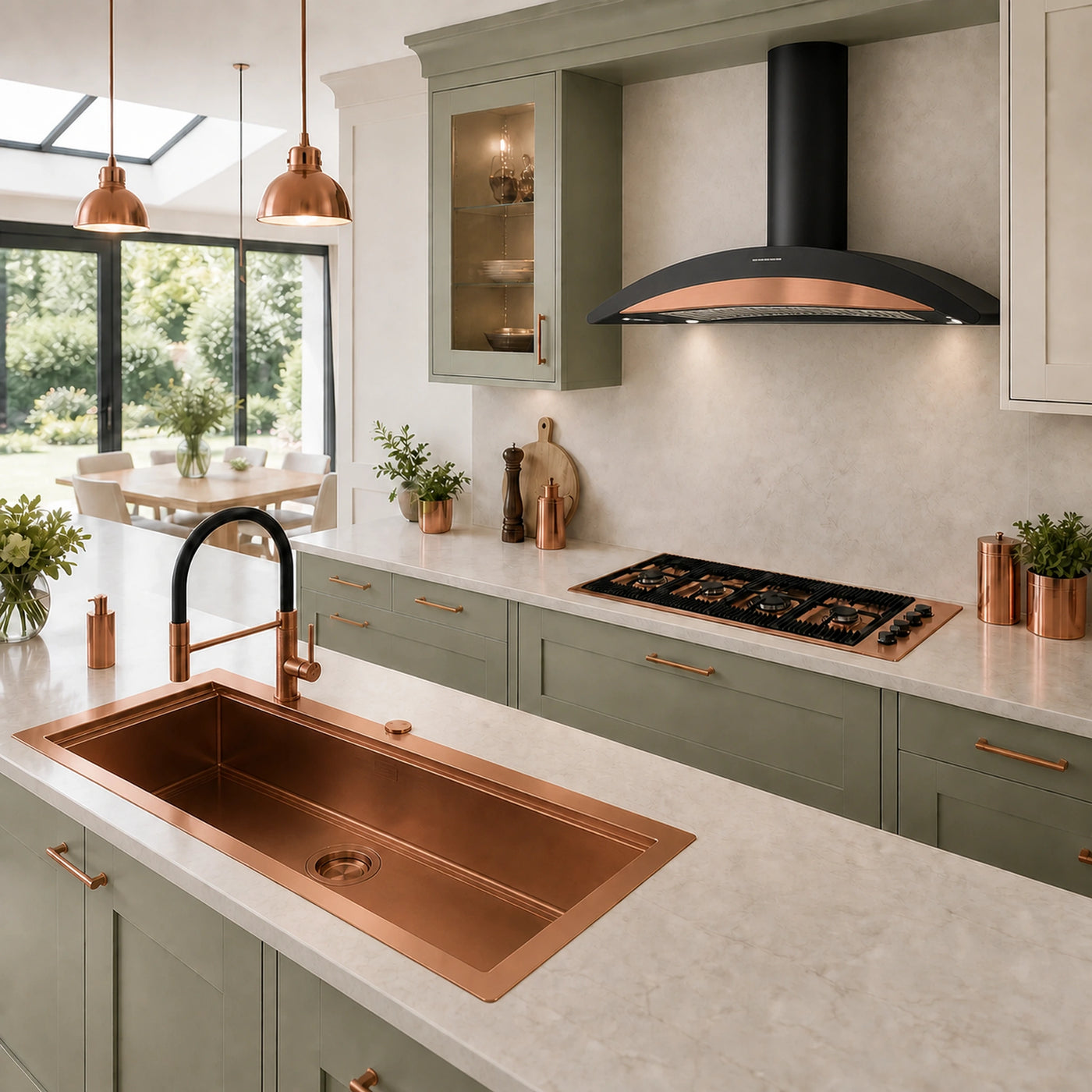 115cm Milano copper PVD steel gas hob with rapid wok burner Monza wall cooker hood and Milano copper sink
