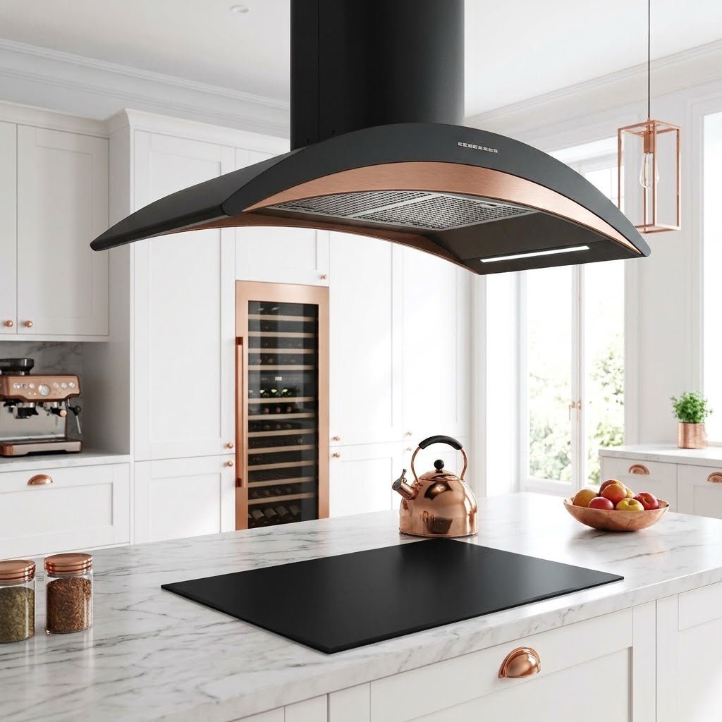 A modern kitchen scene featuring a black and copper range island cooker hood mounted above a marble island with a black cooktop. White cabinetry, copper-toned appliances, and kitchen accessories 