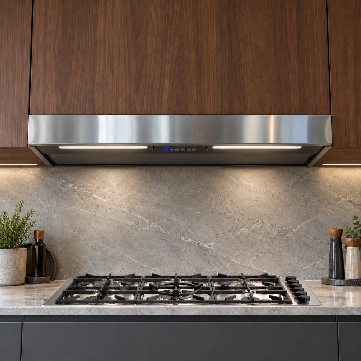 115cm None drop steam canopy cooker hood stainless with LED lights and Foster 6 burner gas hob
