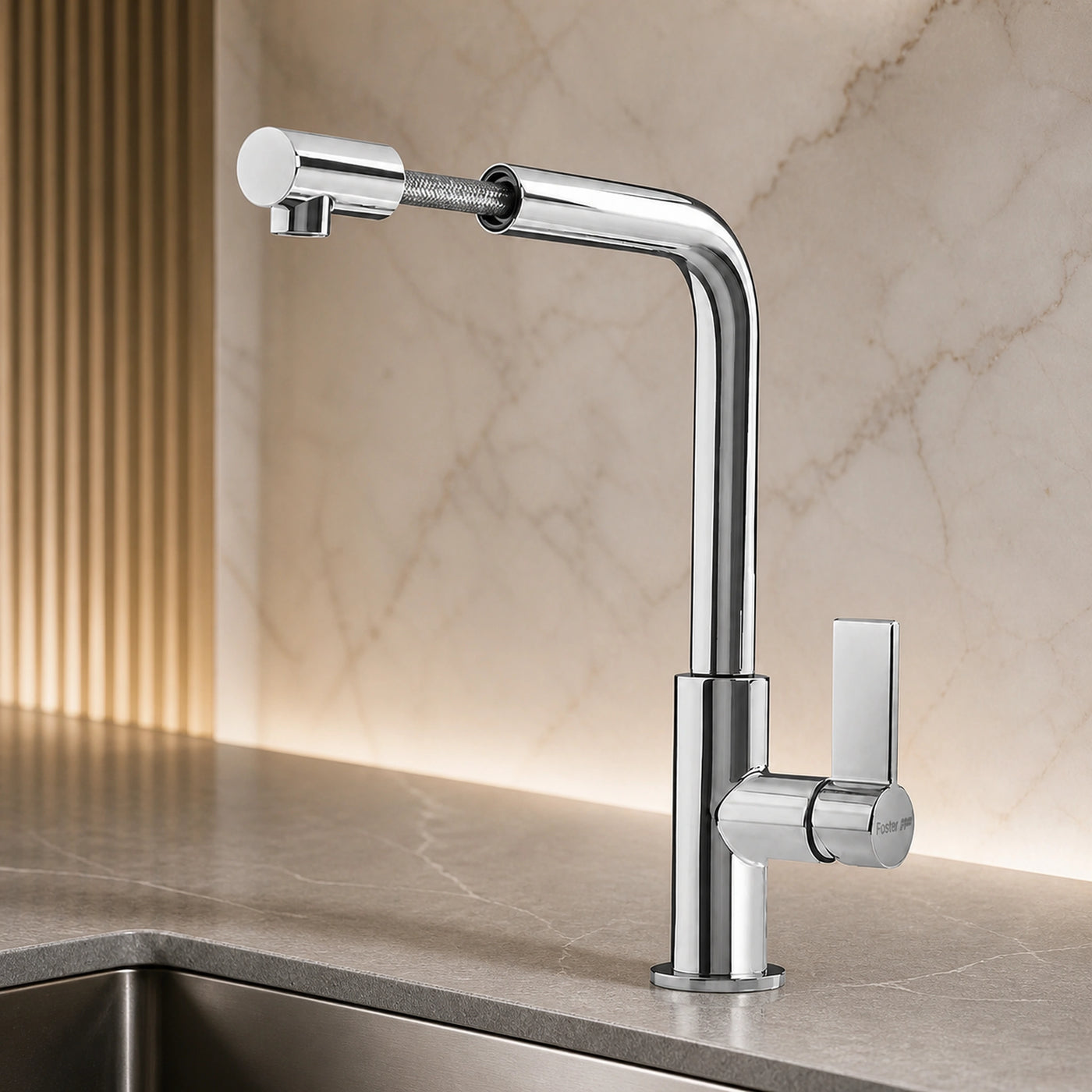 Omega Plus Satin Steel mixer tap with pull out shower head 