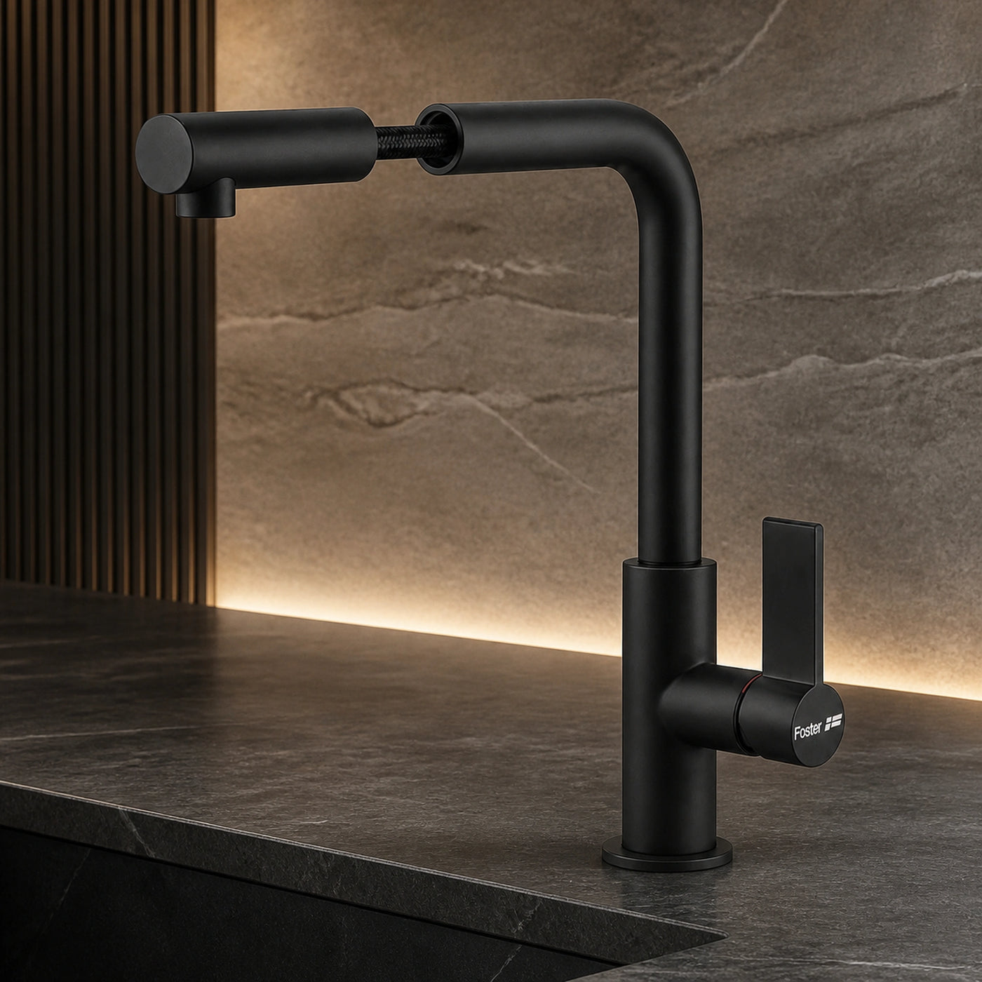 Omega Plus Matte Black mixer tap with pull out shower head 
