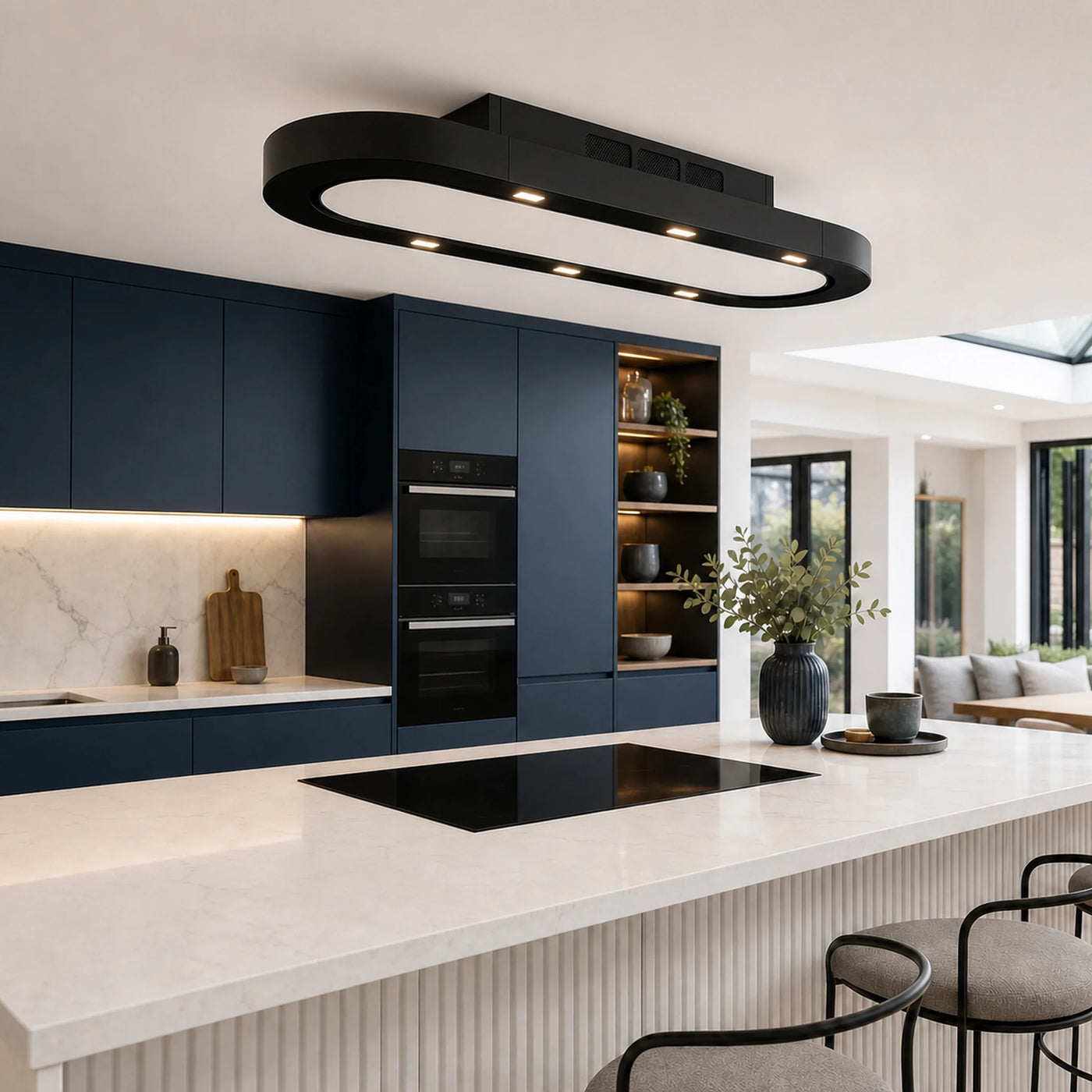 120cm x 50cm Pista ceiling recirculating extractor all with black glass and white glass door 