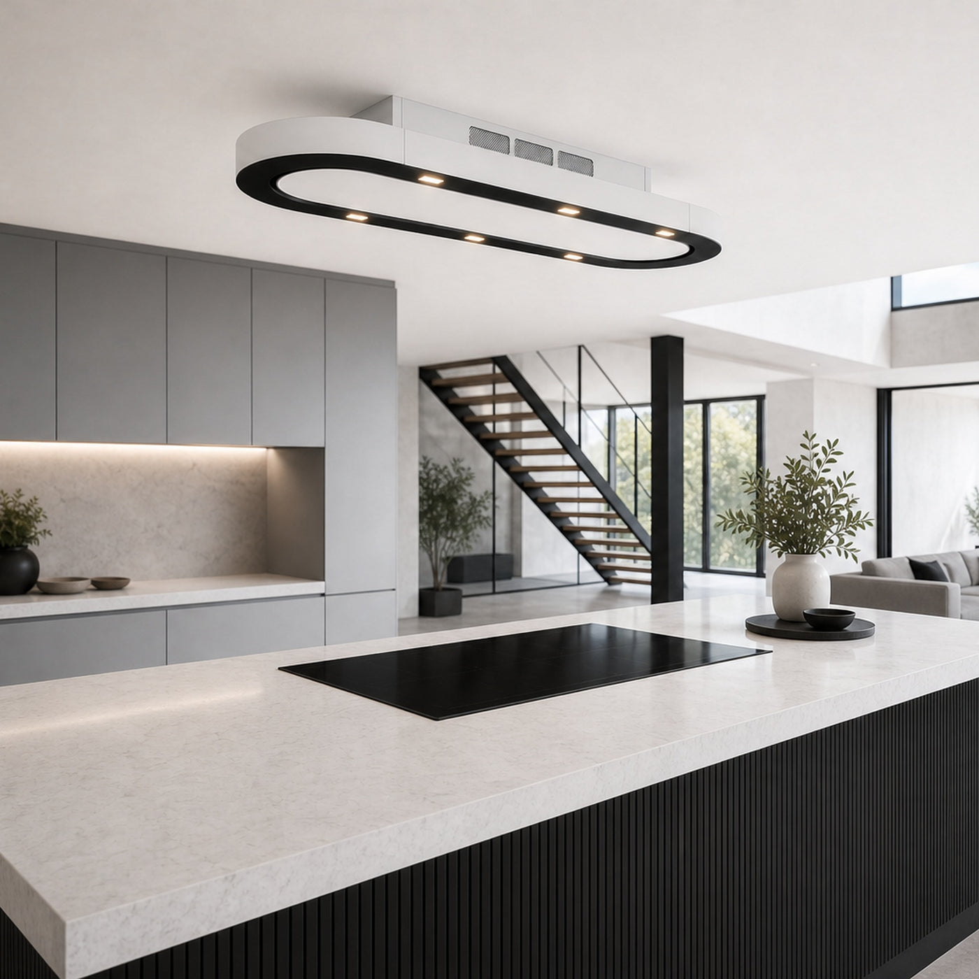 120cm x 50cm Pista ceiling recirculating extractor with black glass and white glass door 
