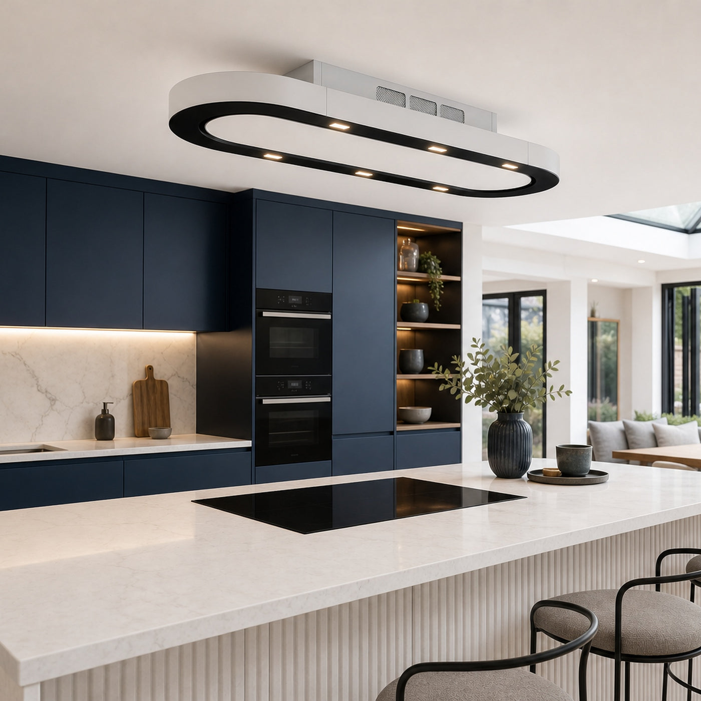 120cm x 50cm Pista ceiling recirculating extractor black frame glass and white glass door panel 