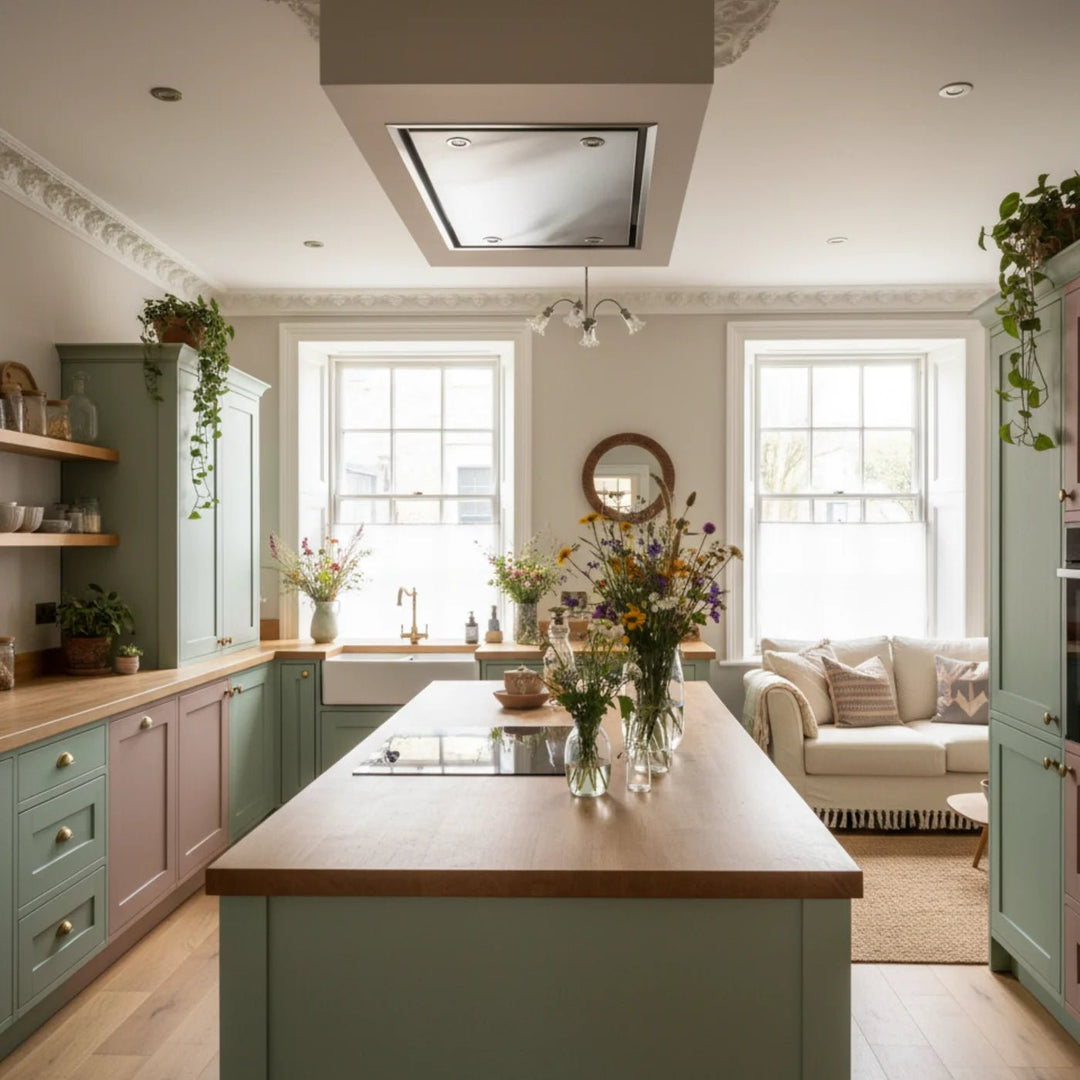 A bright, modern kitchen with a central island, sage green and blush pink cabinets, light wood countertops, and large windows. A white sofa is visible in the adjacent living area.