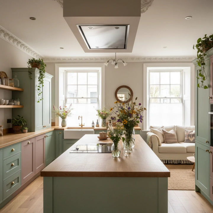 A bright, modern kitchen with a central island, sage green and blush pink cabinets, light wood countertops, and large windows. A white sofa is visible in the adjacent living area.