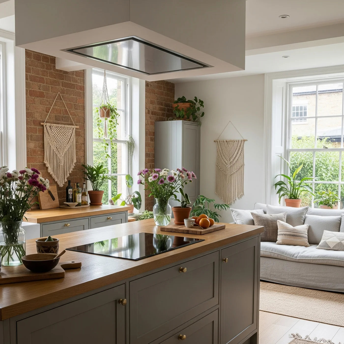 Stainless Steel Soffitto Ceiling Hood in a dropped box within a boho chic kitchen