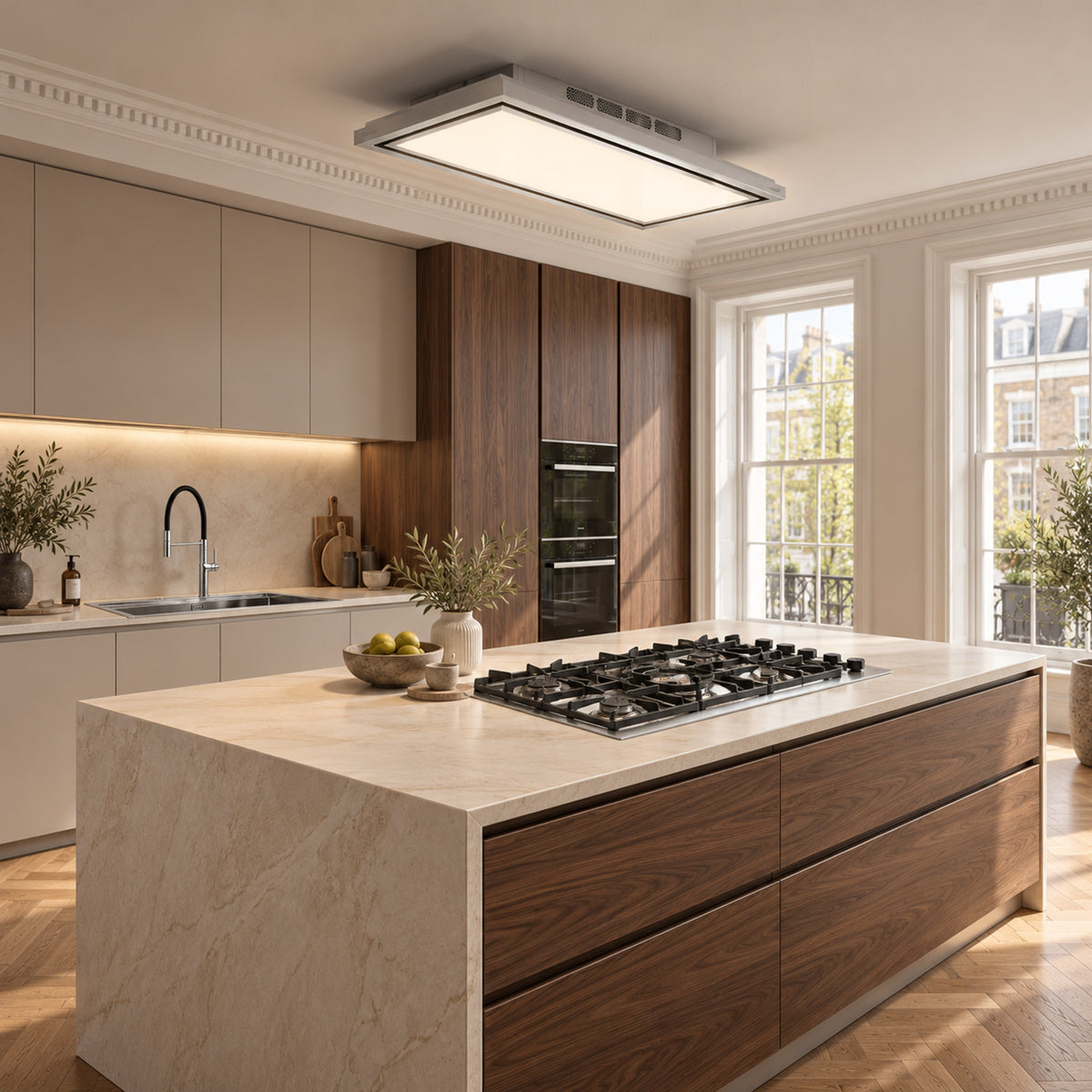 Tolvi recirculating ceiling Extractor hood in stainless steel, with a streamlined design and a choice of motor power