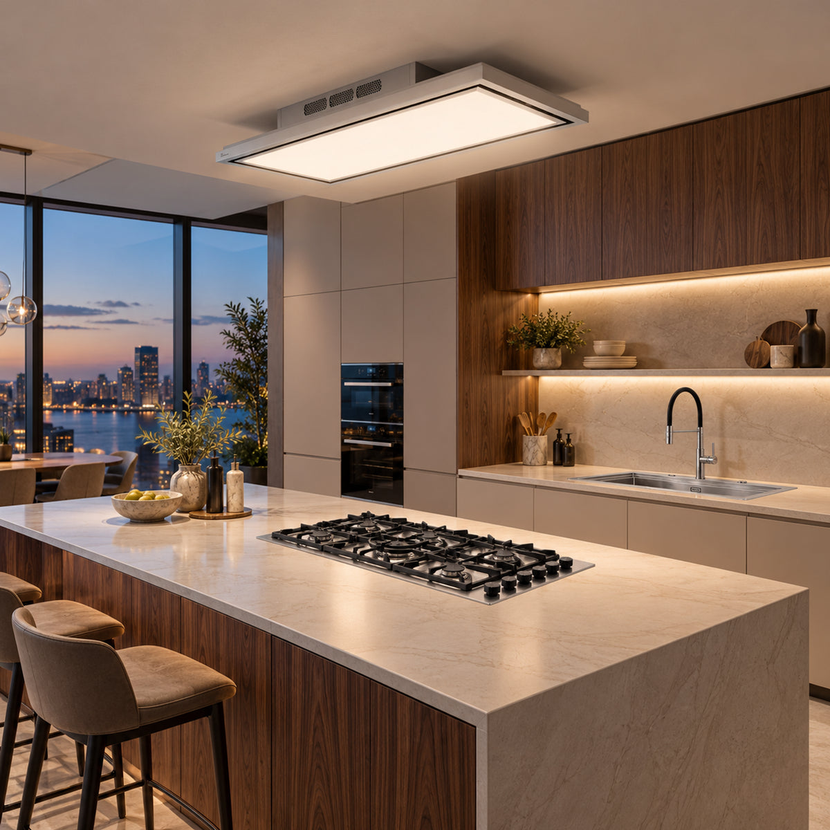 Luxair Tolvi ceiling extractor with a sleek, contemporary stainless steel profile, offered in 90 cm and 120 cm sizes for recirculating installation.