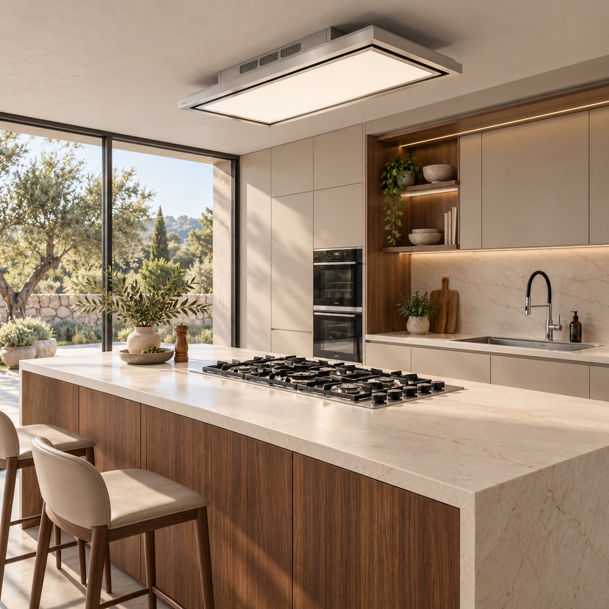 Tolvi 90 cm or 120 cm ceiling extractor hood in stainless steel, designed for recirculating operation with charcoal filters.