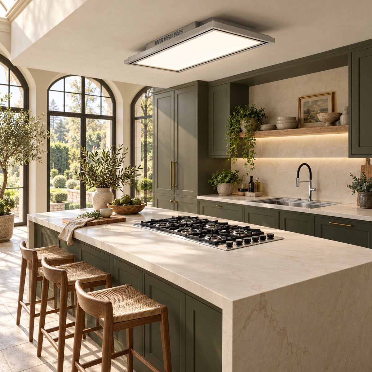 Luxair Tolvi recirculating ceiling hood, featuring a low-profile stainless steel design and 90 cm or 120 cm size options.