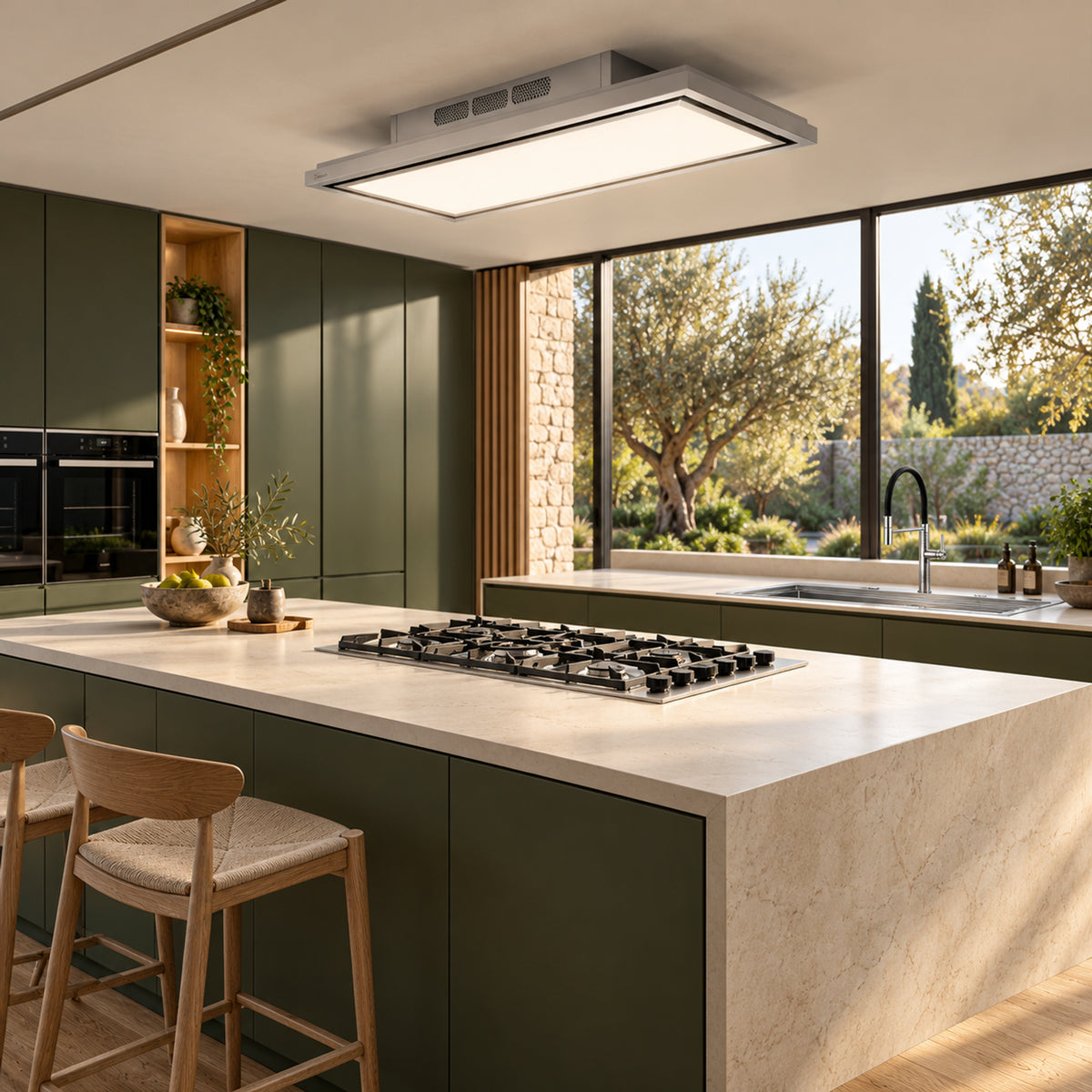 Stainless steel Tolvi ceiling-mounted hood for recirculating use, available in 90 cm and 120 cm widths.