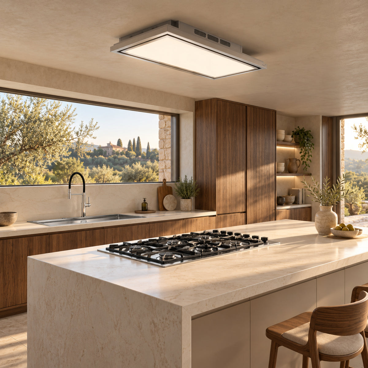 Luxair Tolvi ceiling-mounted recirculating hood, with a slim stainless steel finish, available in 90 cm and 120 cm widths.
