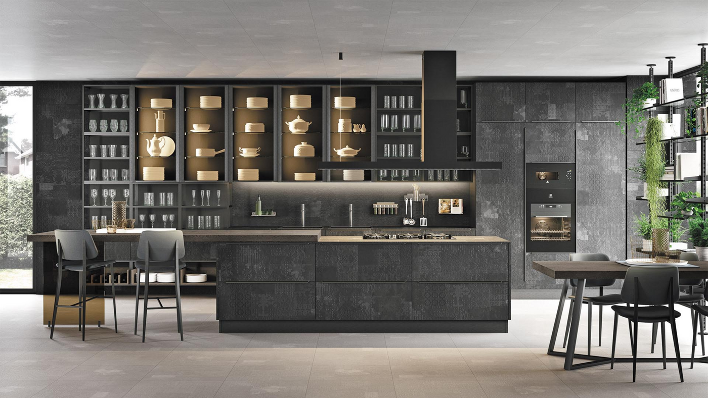 Arezzo Island Cooker Hood in Black Installed in  Sleek and Modern Dark Kitchen 