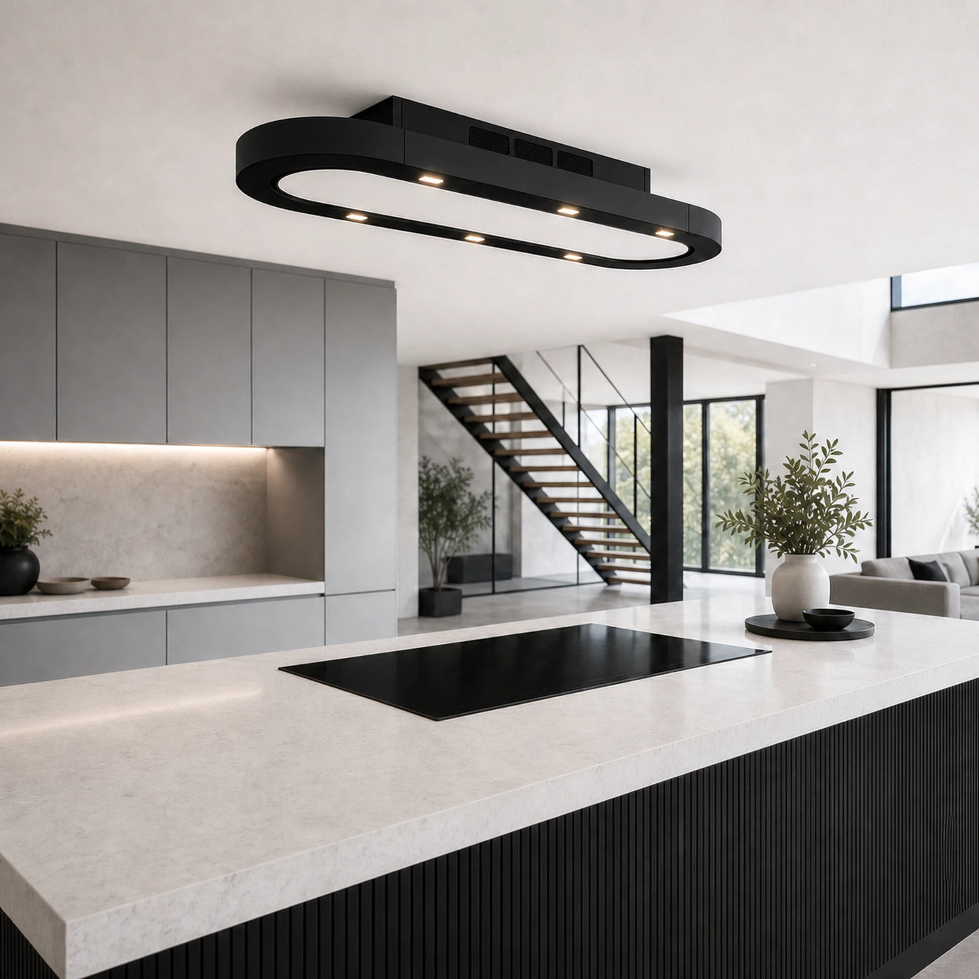 120cm x 50cm Pista ceiling recirculating extractor with black glass and white glass door 