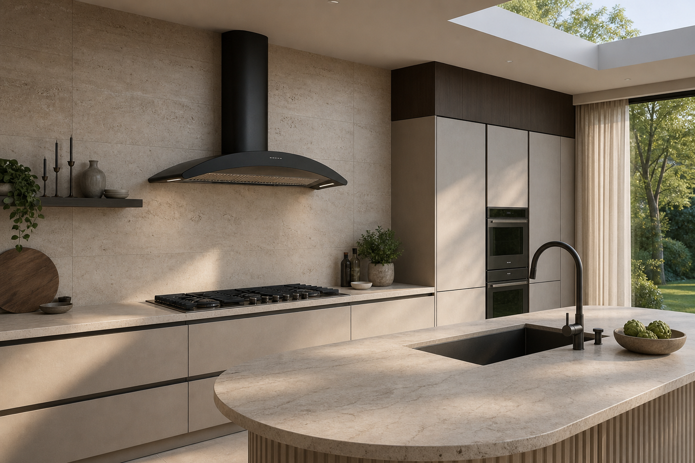 A modern kitchen scene featuring a matte black range hood with gun metal trim mounted above a Foster gun metal gas cooktop, with a matching matte black gooseneck faucet in the foreground and a concrete countertop.