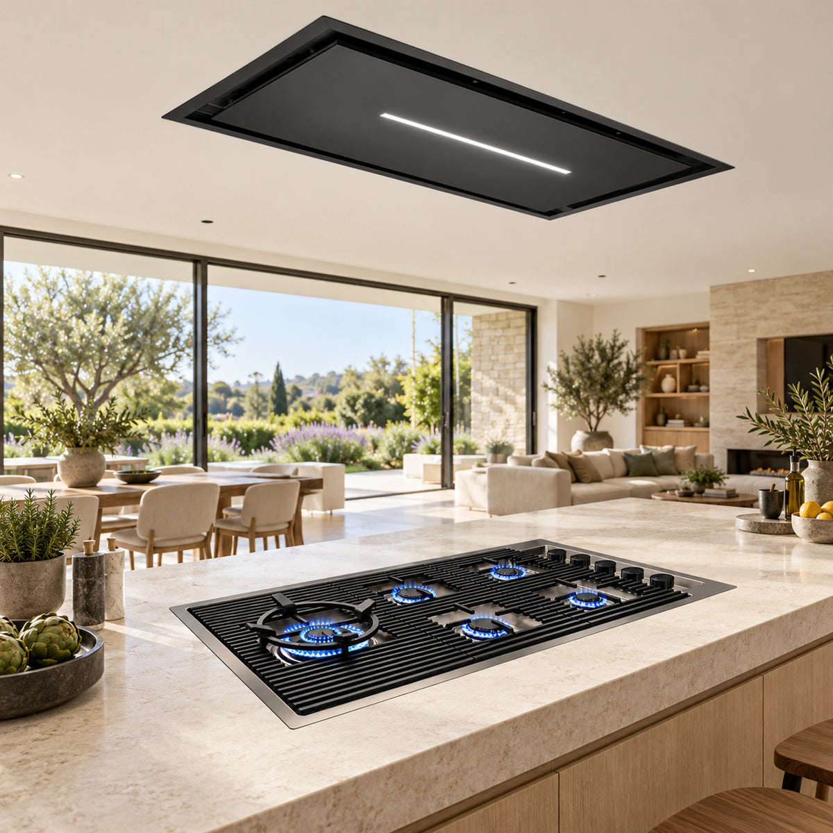 Luxair Synergy 90cm Black Ceiling Cooker Hood with Foster Gunmetal Gas Hob