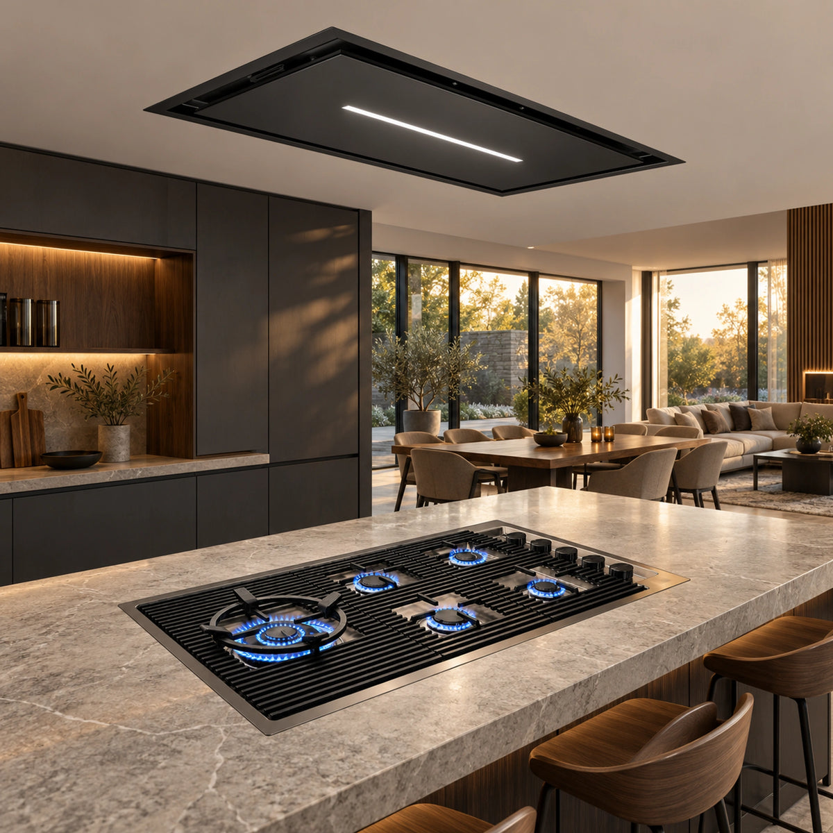 Luxair Synergy 90cm Black Ceiling Extractor with Foster Milano Lusso 5-Burner Gas Hob