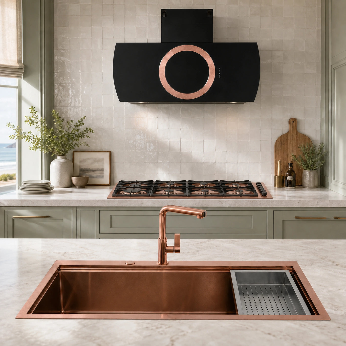 Milano 115cm 2 wok burner Copper gas hob with matching Como 110cm wall mounted cooker hood