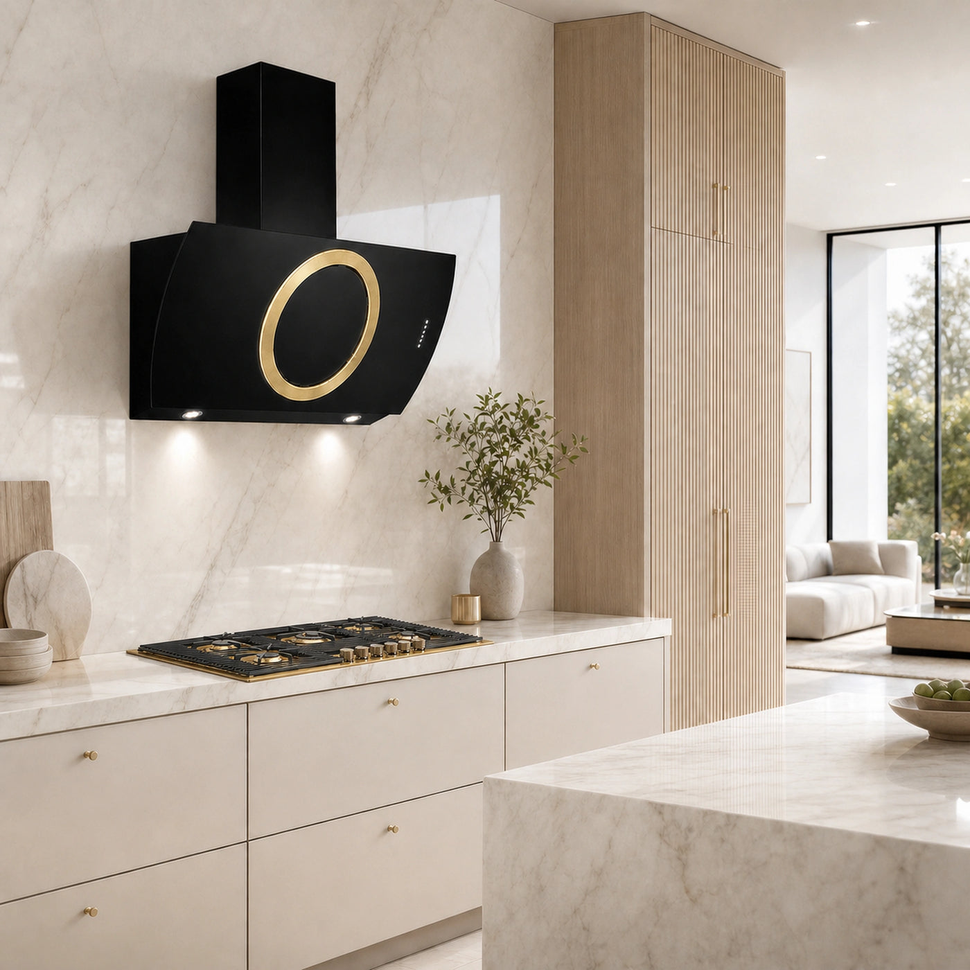 80cm milano 5 burner gas hob with Como wall mounted cooker hood gold ring fascia 
