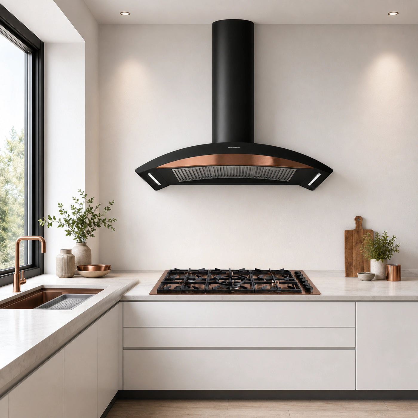 Milano 115cm 2 wok burner copper gas hob with matching Monza 110cm wall mounted cooker hood