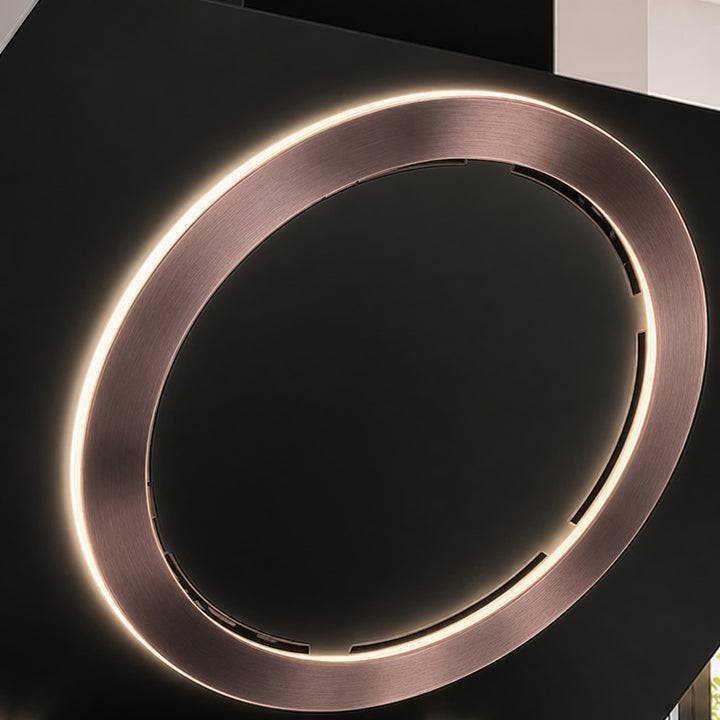 Wall mounted cooker hood with various center ring configurations, gold, copper, gun metal and stainless steel PVD steel finishes. powerful motor and extraction rates, size options 90cm, 100cm and 110cm widths.    
