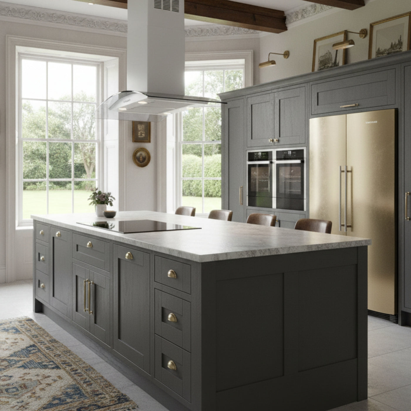 white curved glass island cooker hood installed within a modern kitchen with grey cabinetry, marble island, and built in appliances