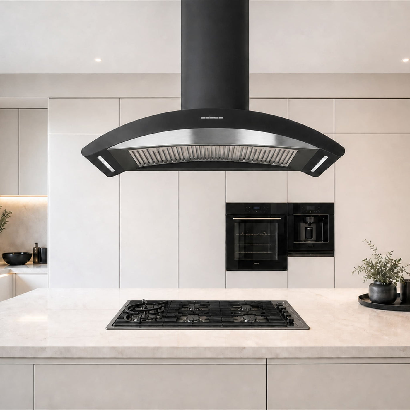 Monza curved  island cooker hood with stainless steel fascia and Milano lusso 5 burner gas hob 