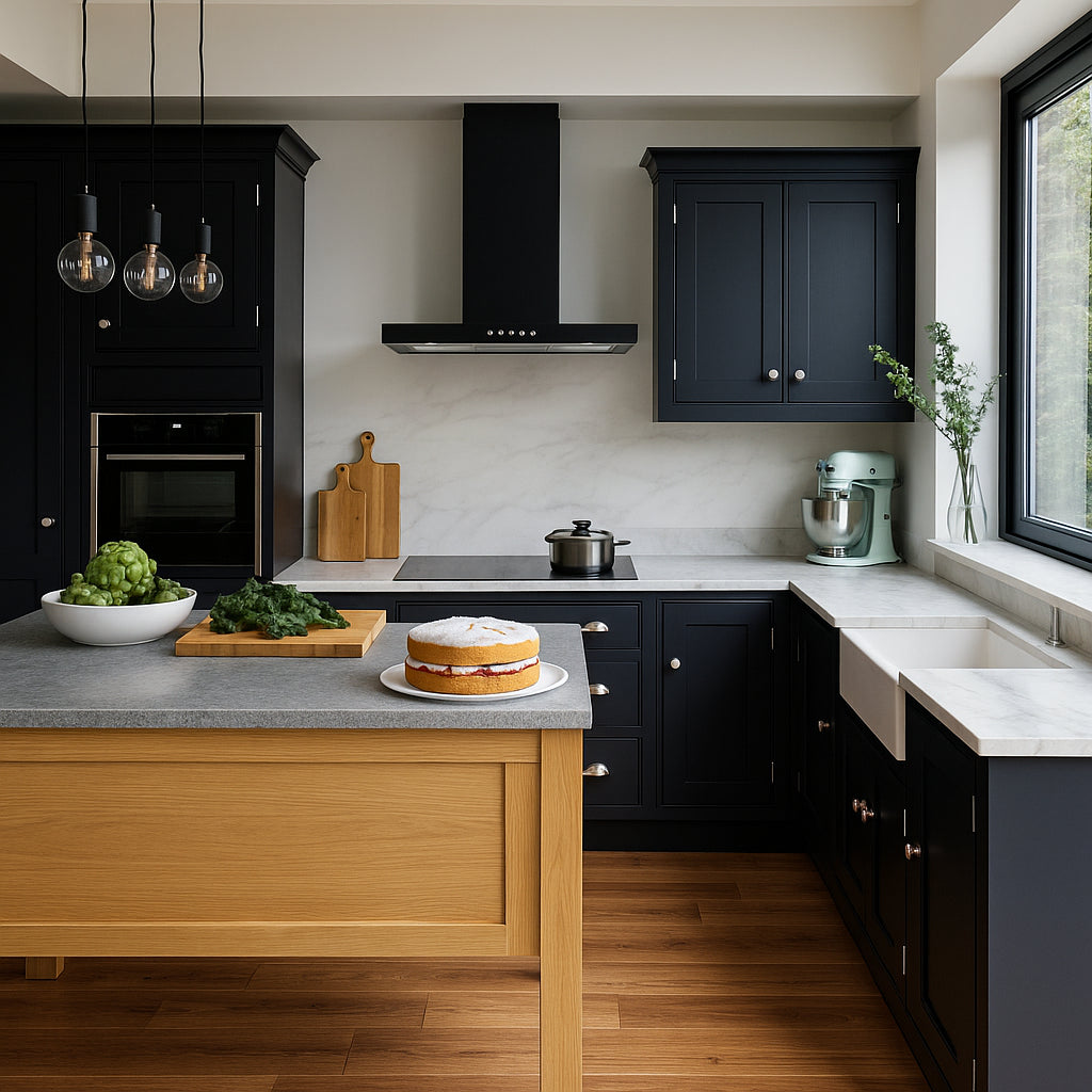 80cm black FLT wall mounted extractor, in a dark minimalistic kitchen above an induction hob. Featuring pendant lighting and a central island