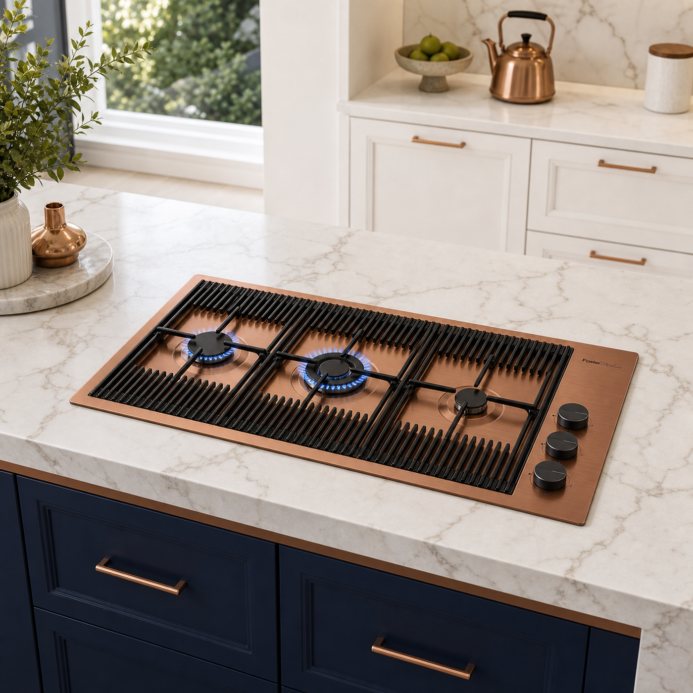 Milanello 3 burner gas hob Copper PVD