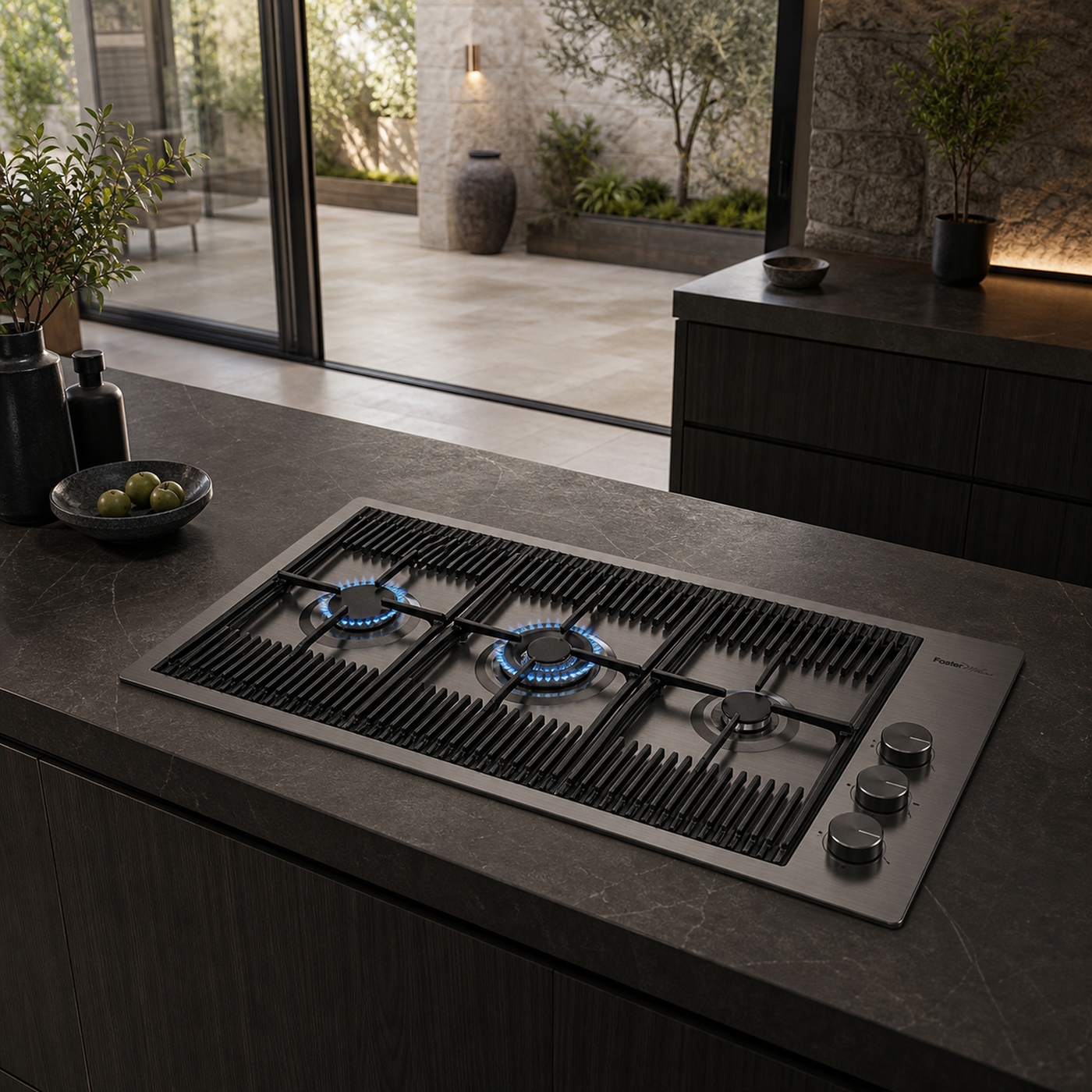 Milanello 3 burner gas hob Gun Metal