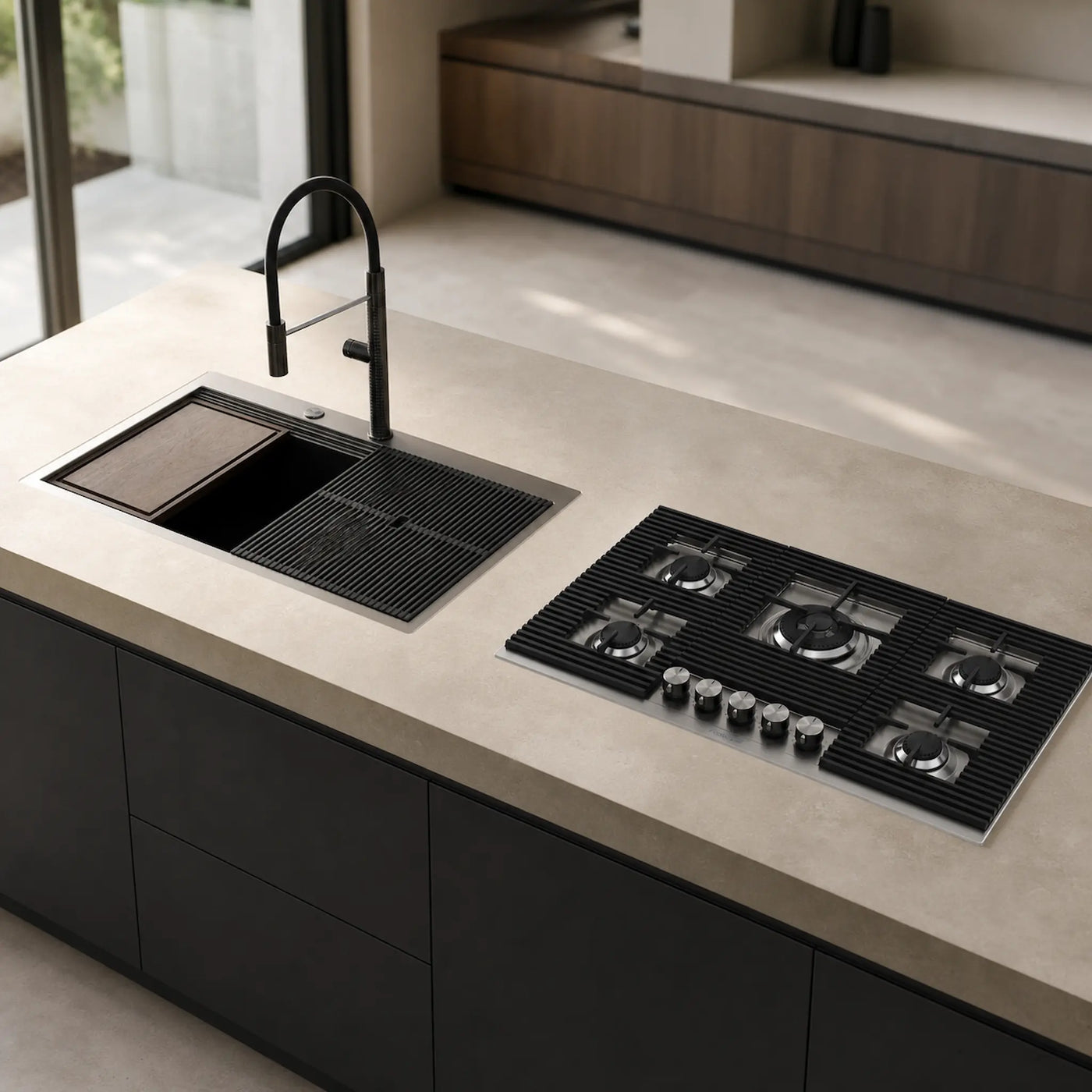 80cm 5 burner gas hob powerful wok burner - cast iron flush pan grilles - Gun Metal -PVD Steel Finish with Milano Luso top mount sink