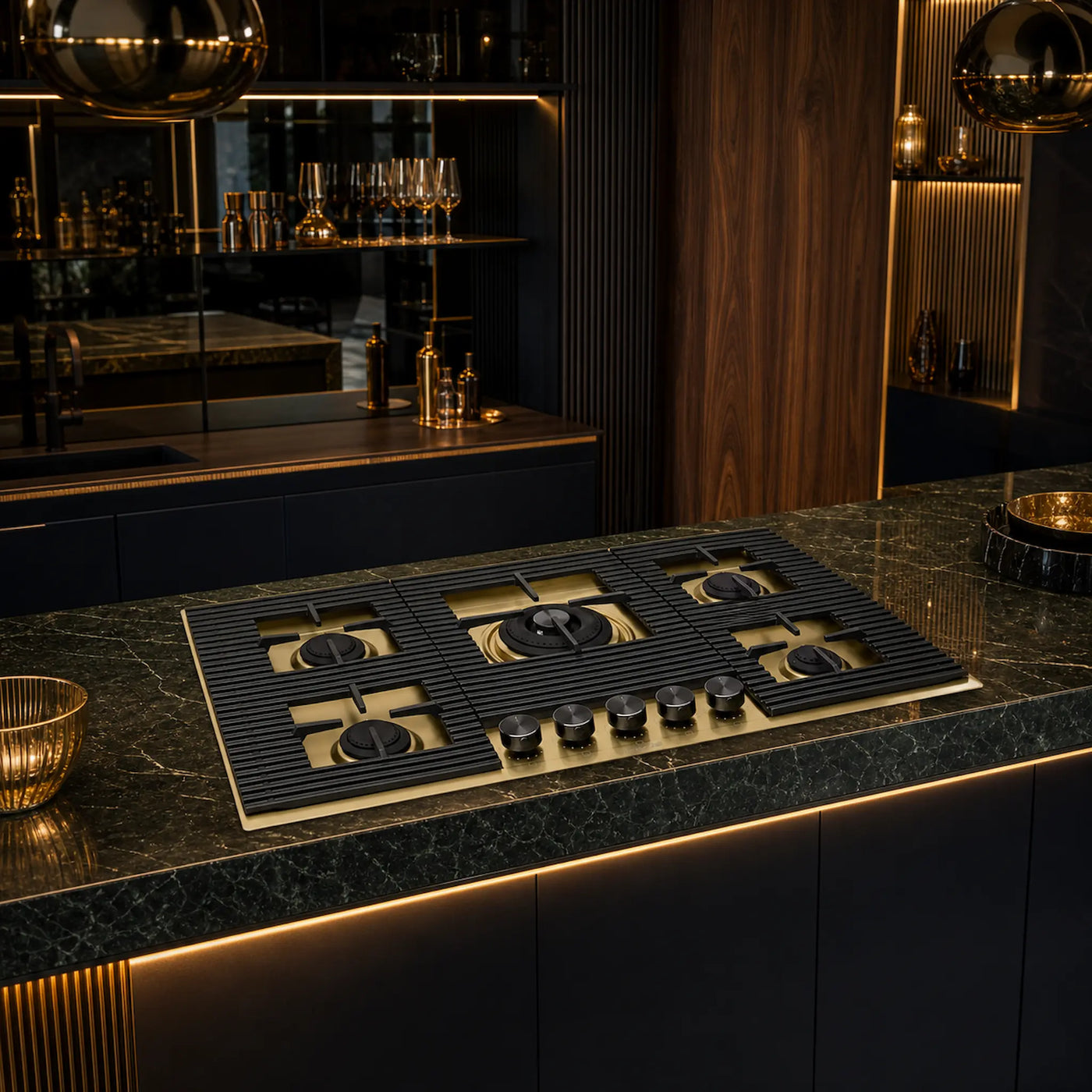 Milano lusso 80cm gold 5 burner gas hob in luxury kitchen 