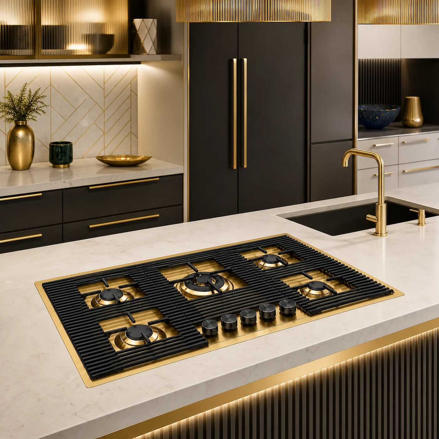 Milano Lusso - 5 burner flush gas hob powerful wok burner gold