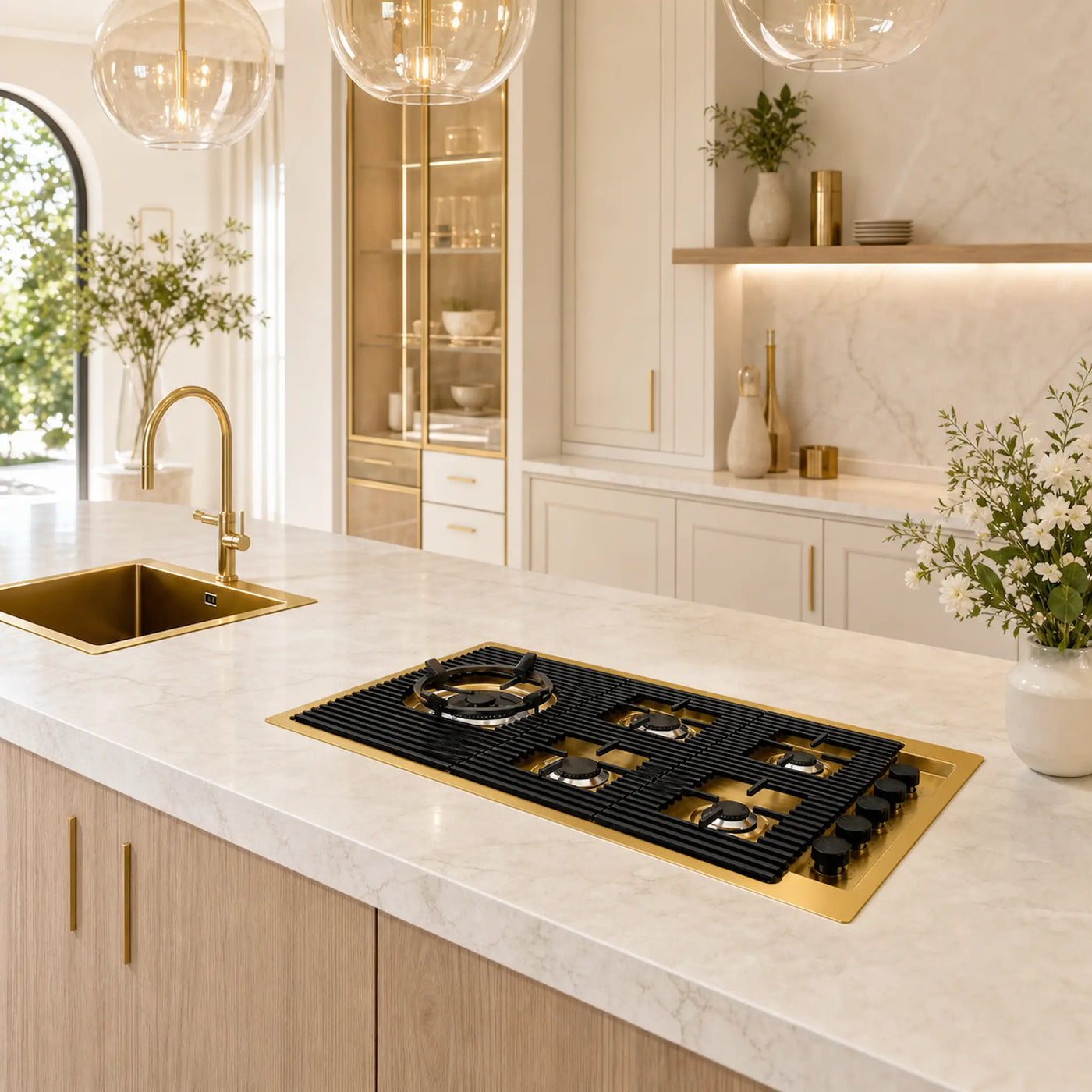 87cm Gold luxury PVD gas hob with powerful wok burner