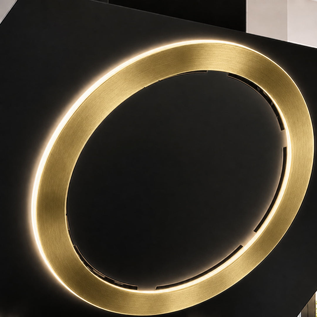 Wall mounted cooker hood with various center ring configurations, gold, copper, gun metal and stainless steel PVD steel finishes. powerful motor and extraction rates, size options 90cm, 100cm and 110cm widths.    