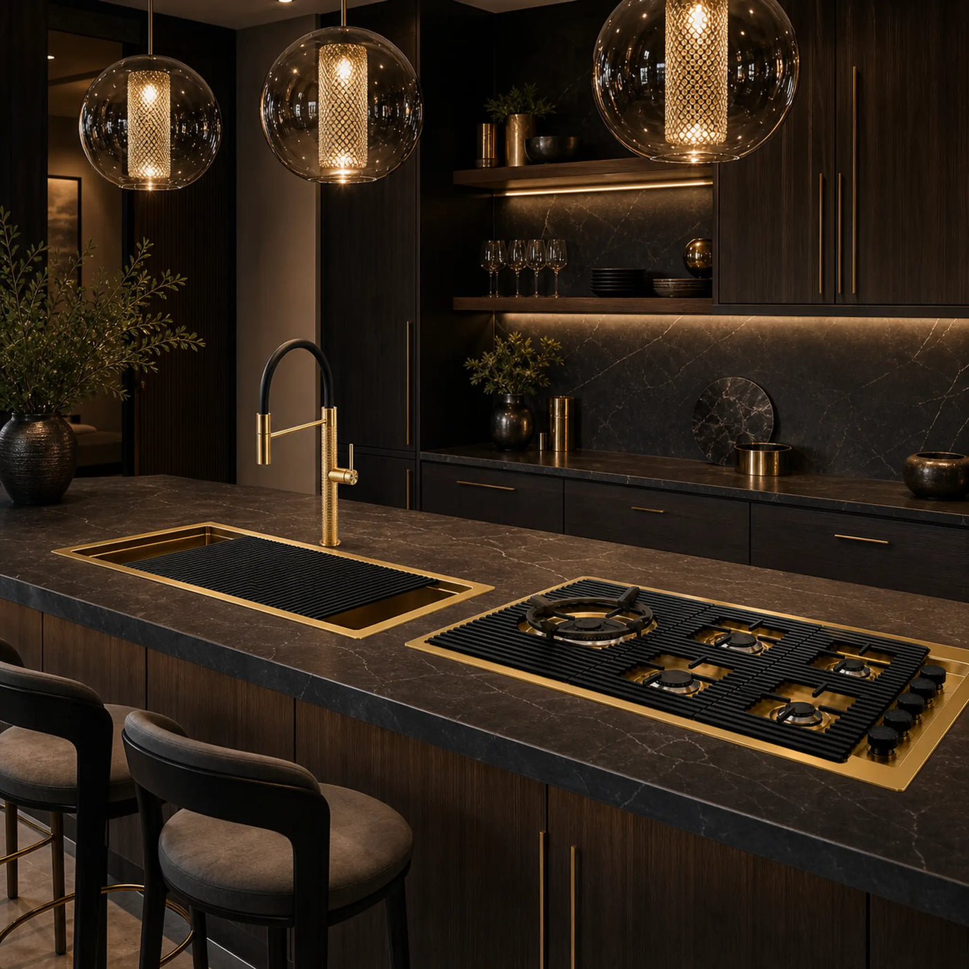 A luxury modern kitchen featuring with gold gas hob and matching sink & tap in gold PVD Metal