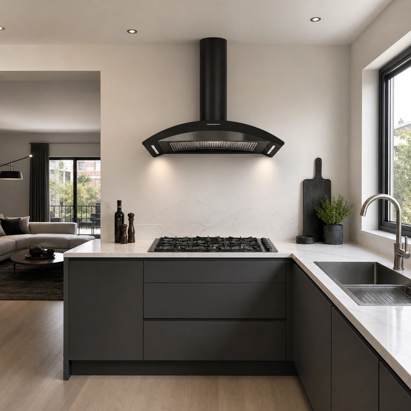 Milano 115cm 2 wok burner gun metal gas hob with matching Monza 110cm wall mounted cooker hood