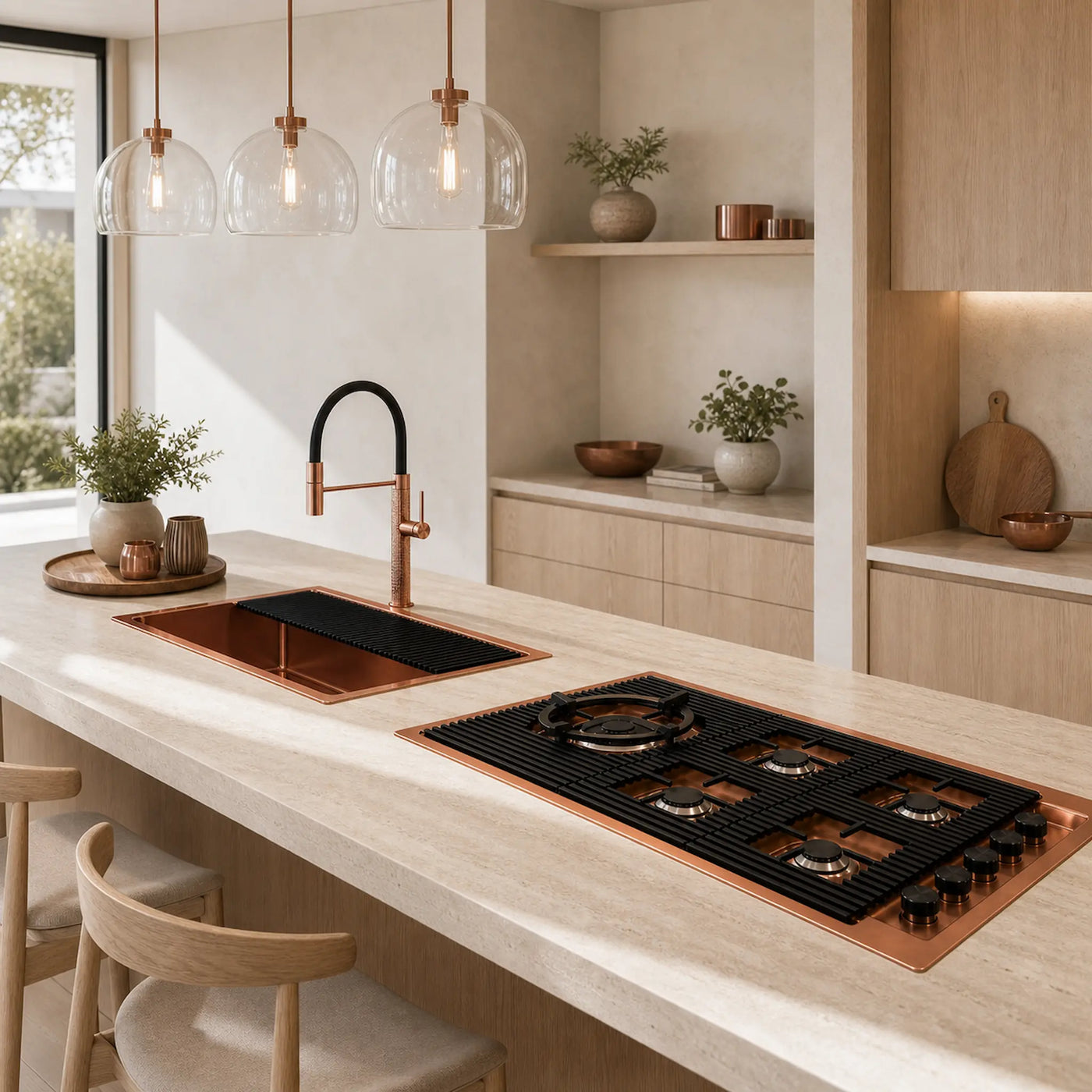 A modern kitchen island with a copper-toned gas cooktop and matching copper sink  & taps