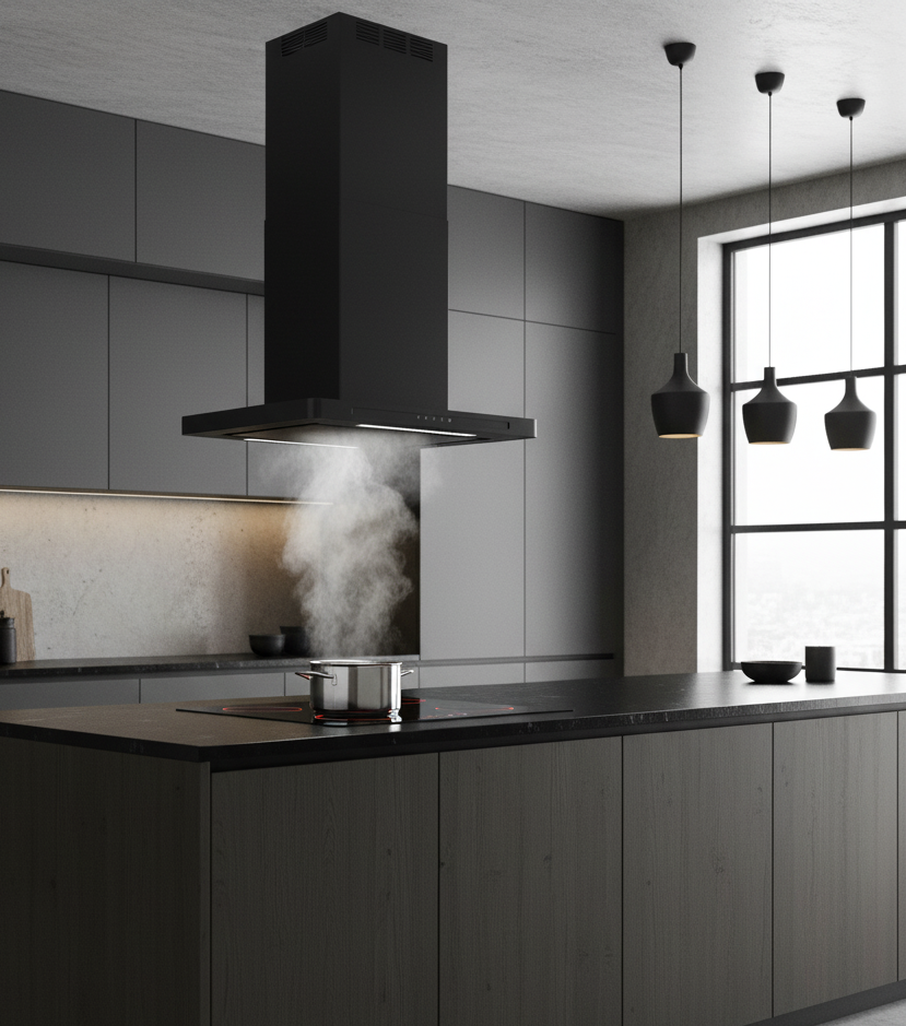 90cm Linea island  in black installed within a dark open plan minimalistic kitchen featuring an induction hob and pendant lighting.